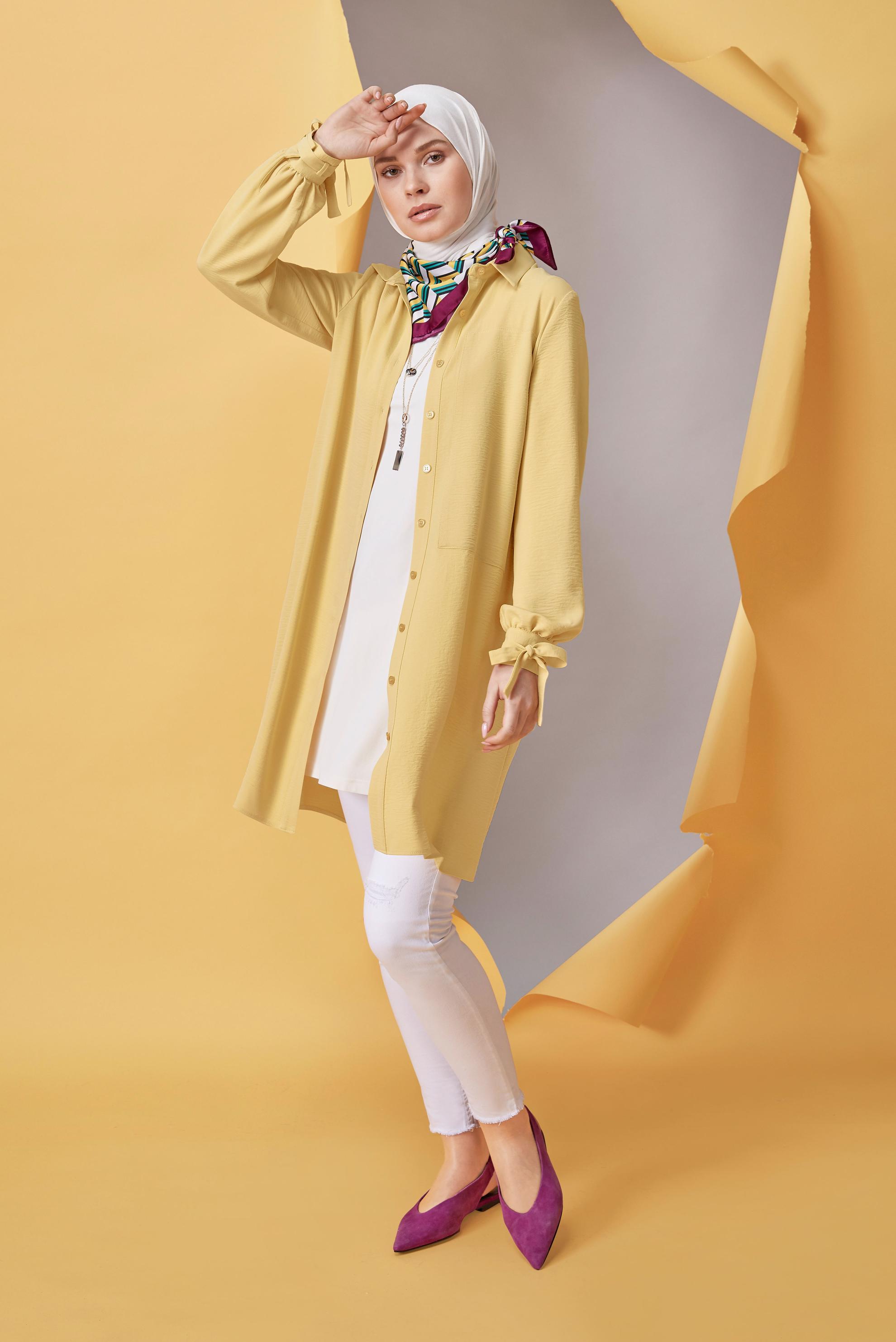 Tesettür giyim SARI MANŞETLERİ BAĞLAMA DETAYLI TUNİK 41544 