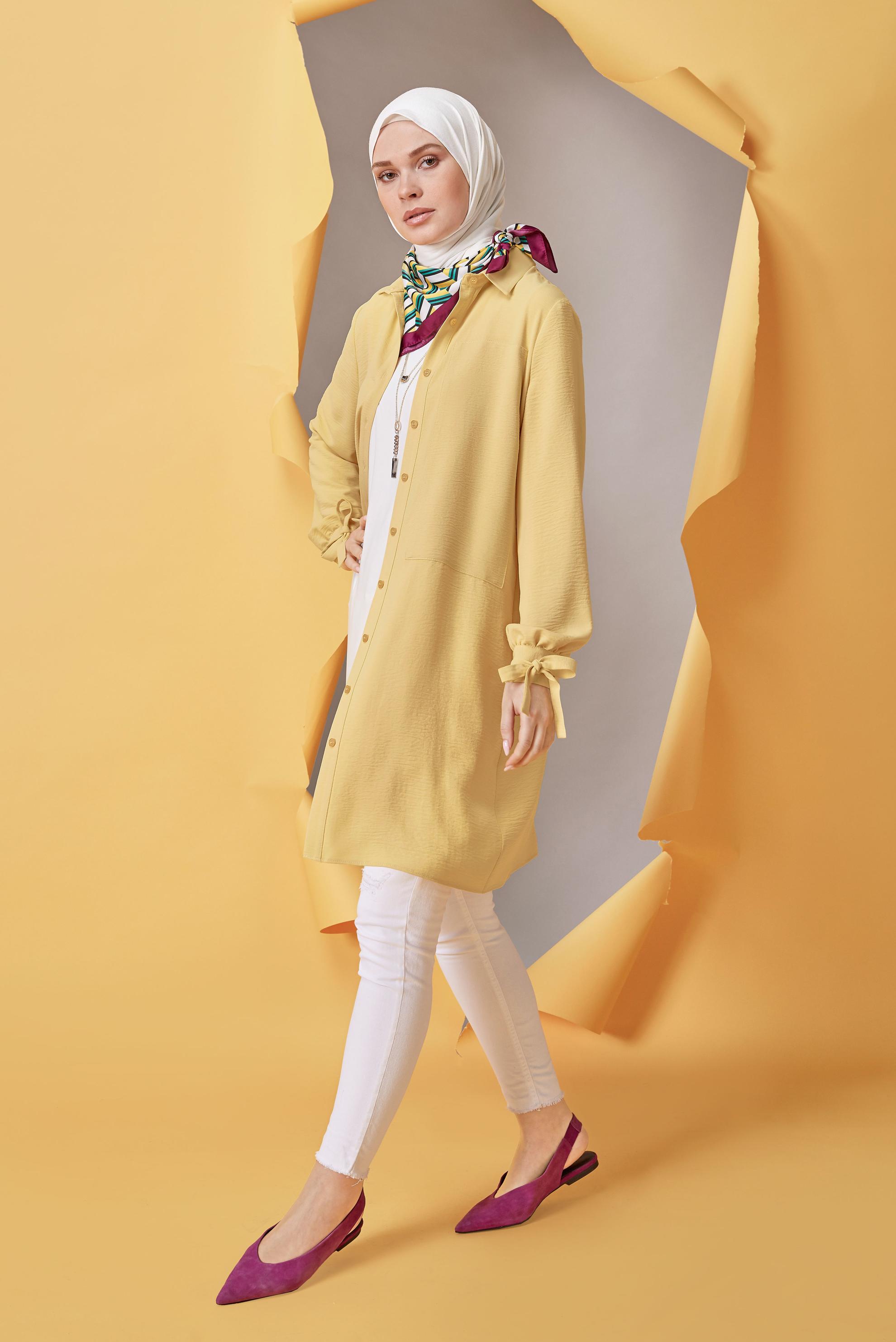 Tesettür giyim SARI MANŞETLERİ BAĞLAMA DETAYLI TUNİK 41544 