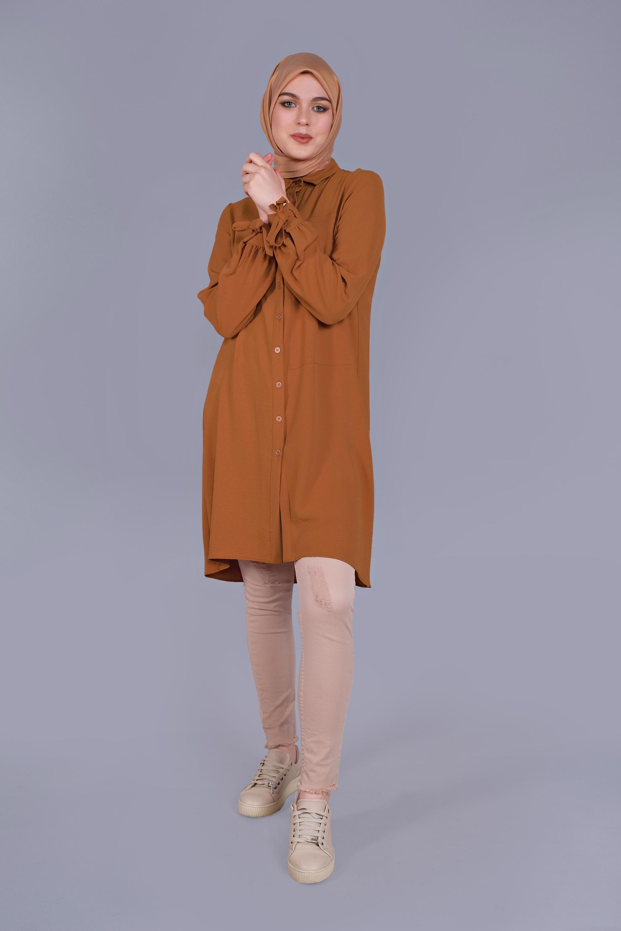 Tesettür giyim TURUNCU MANŞETLERİ BAĞLAMA DETAYLI TUNİK 41544 
