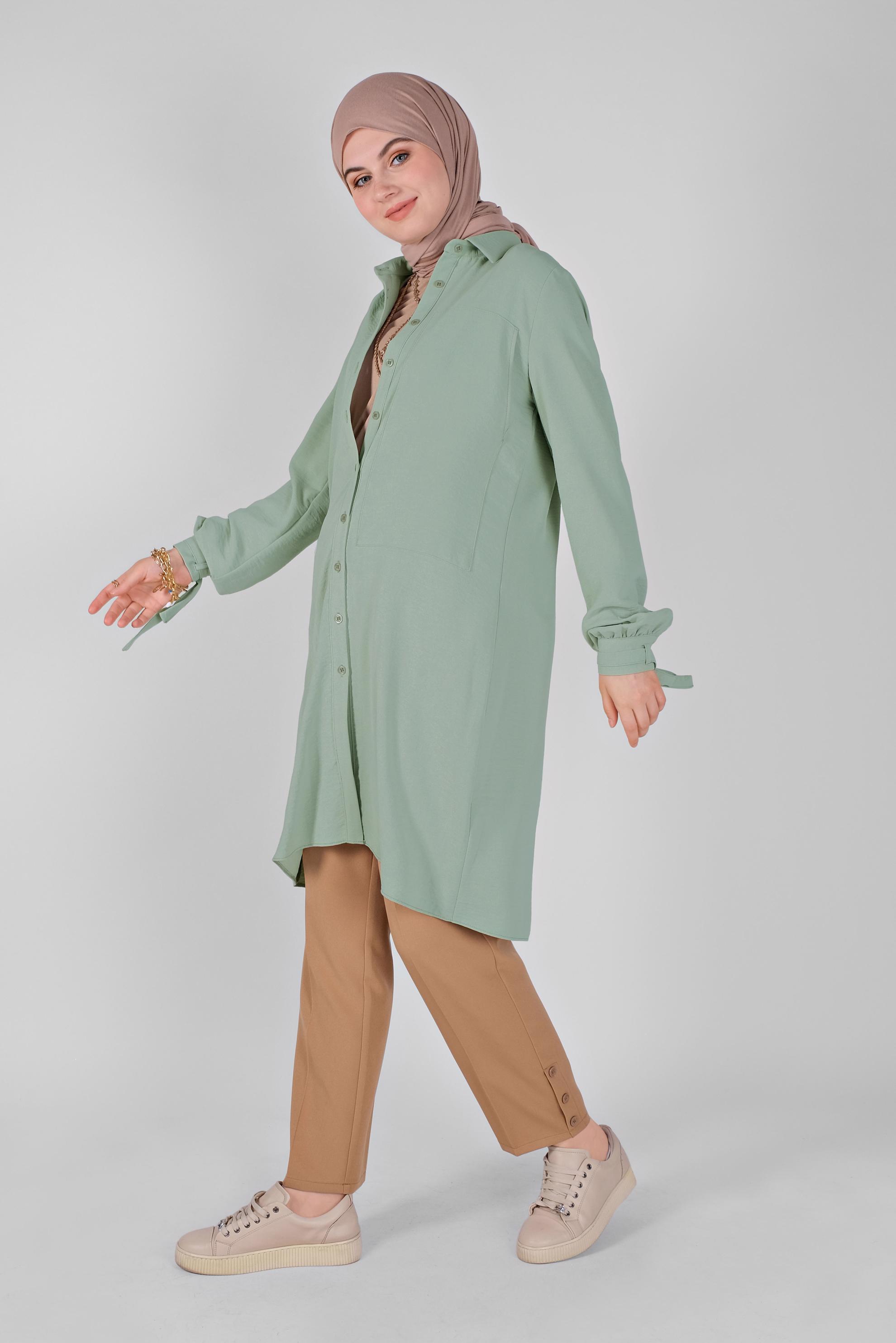 Tesettür giyim YEŞİL MANŞETLERİ BAĞLAMA DETAYLI TUNİK 41544 