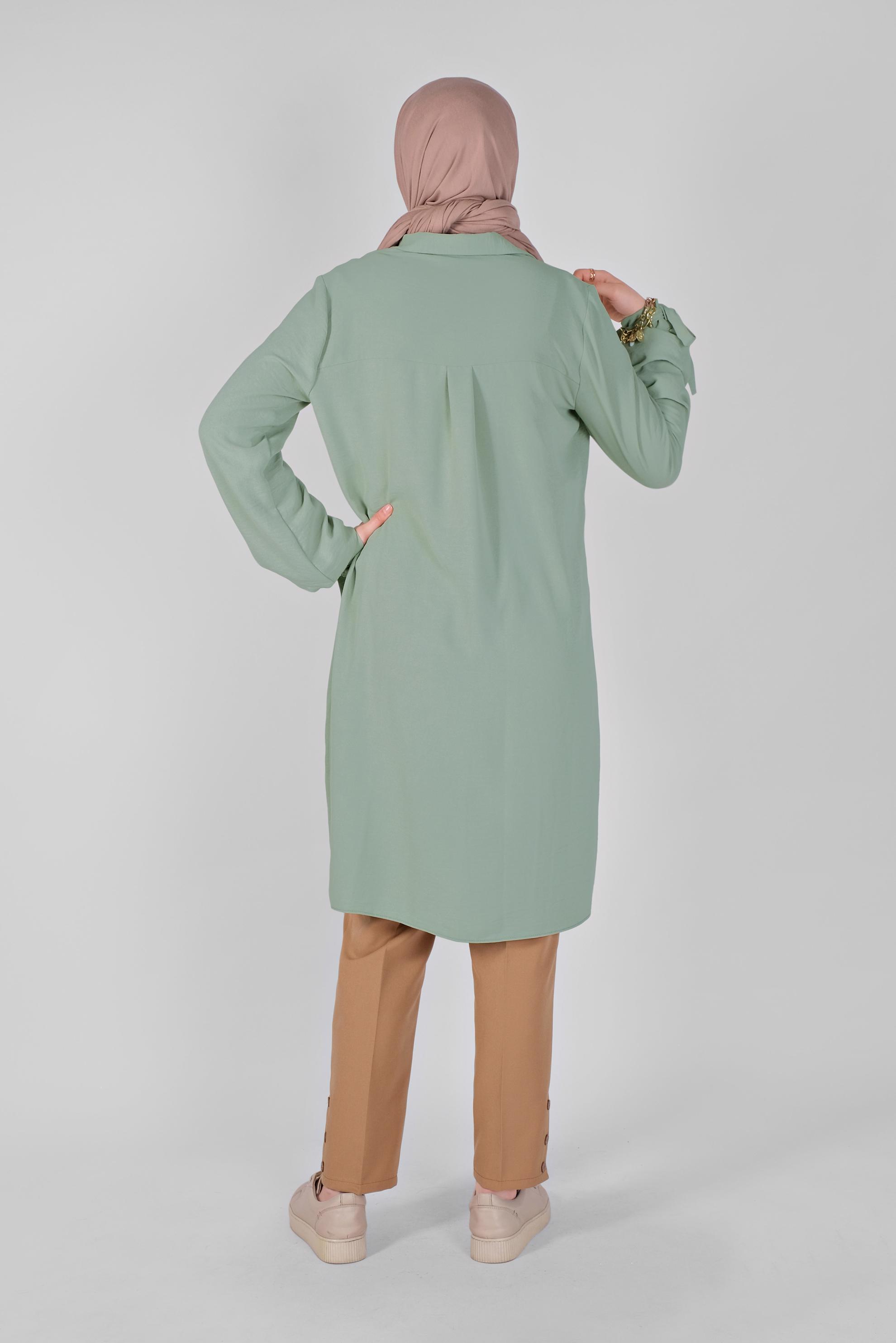 Tesettür giyim YEŞİL MANŞETLERİ BAĞLAMA DETAYLI TUNİK 41544 