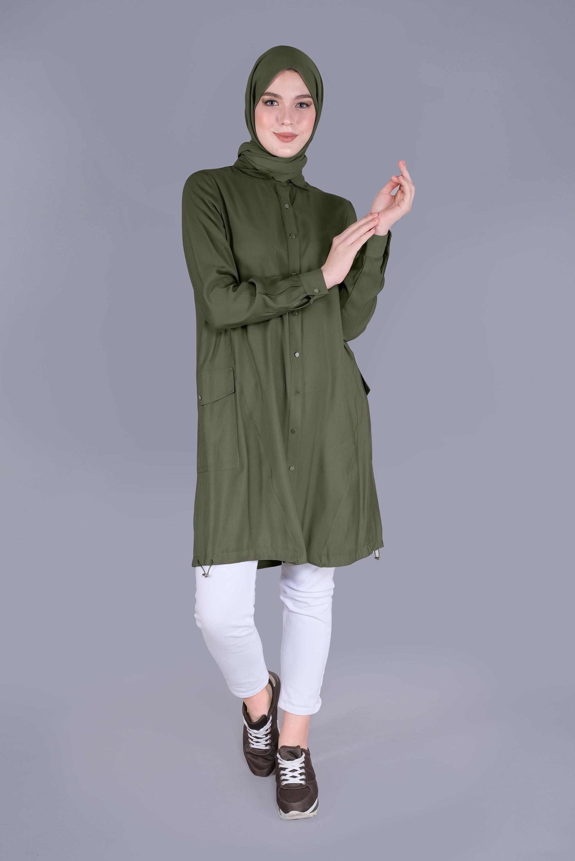 Tesettür giyim HAKİ BOYDAN DÜĞMELİ CEPLİ TUNİK 41545