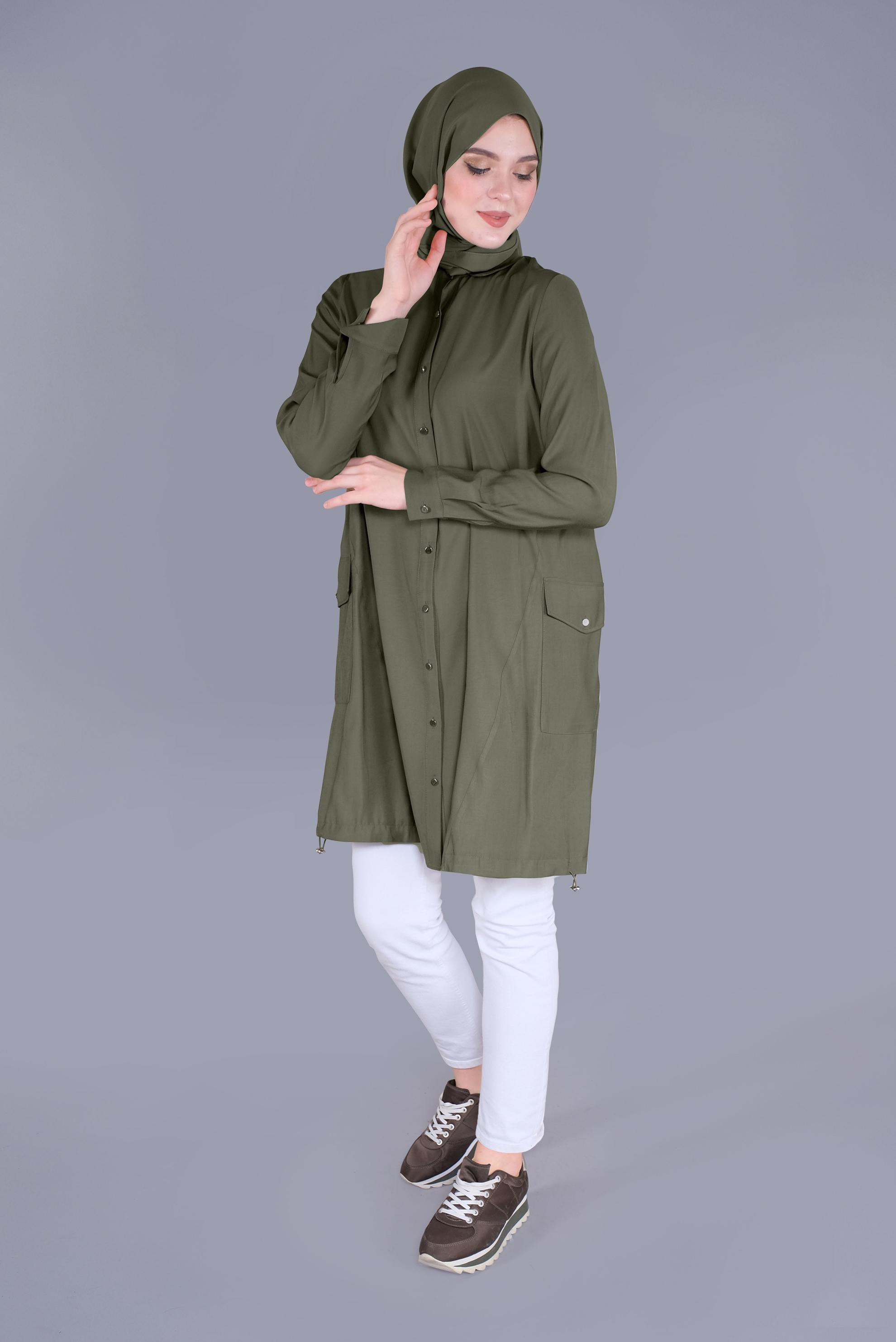 Tesettür giyim HAKİ BOYDAN DÜĞMELİ CEPLİ TUNİK 41545