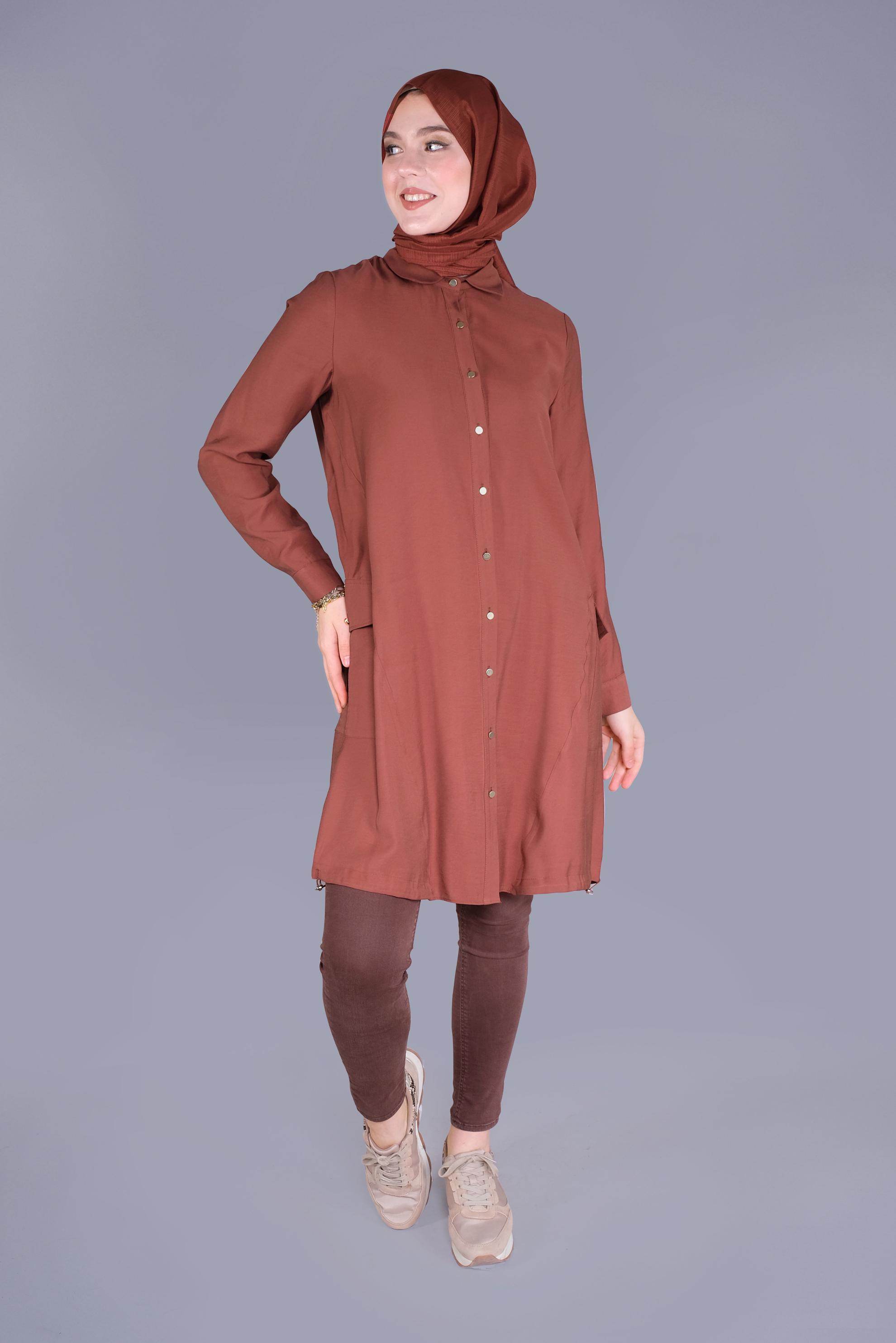 Tesettür giyim TURUNCU BOYDAN DÜĞMELİ CEPLİ TUNİK 41545