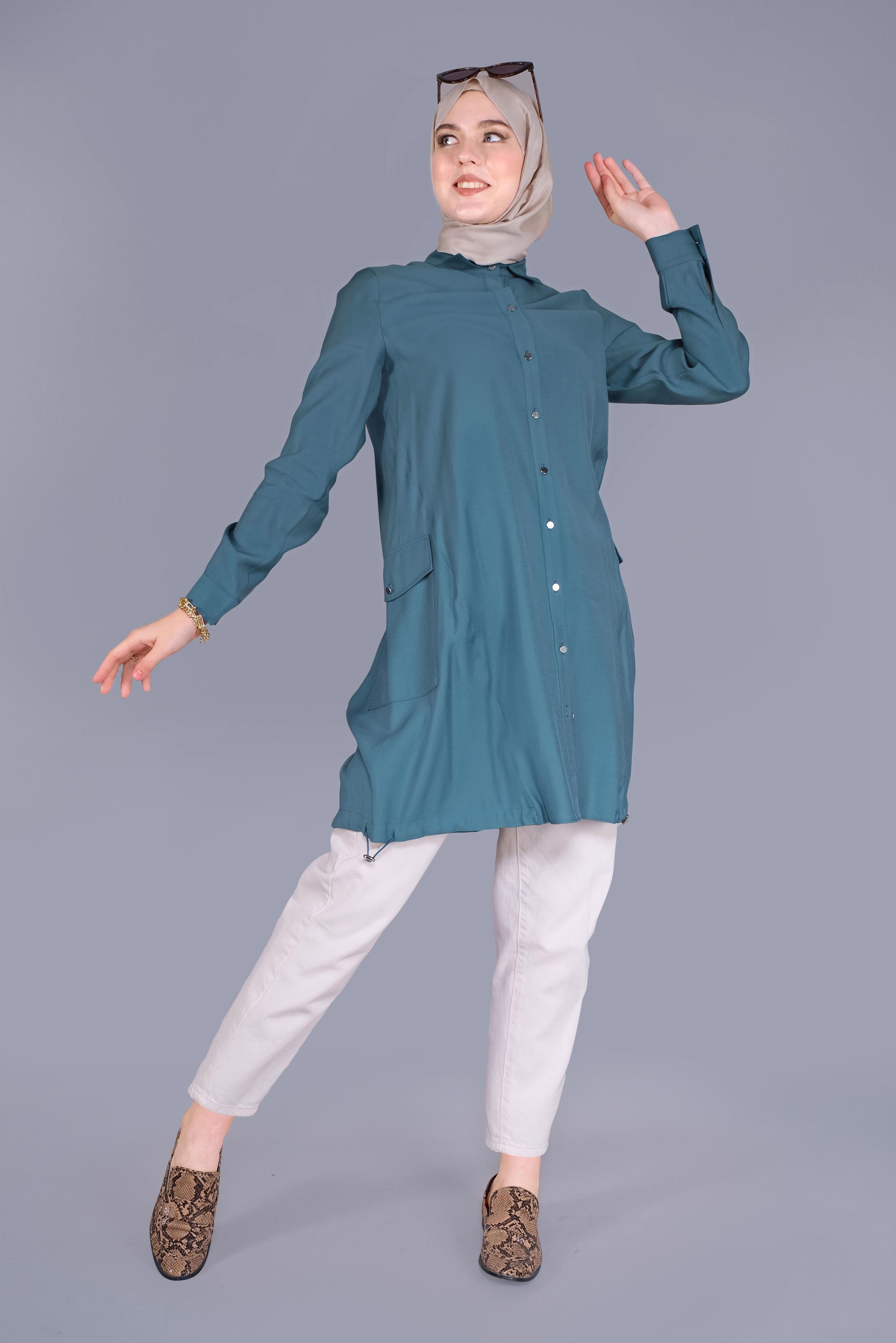 Tesettür giyim MAVİ BOYDAN DÜĞMELİ CEPLİ TUNİK 41545