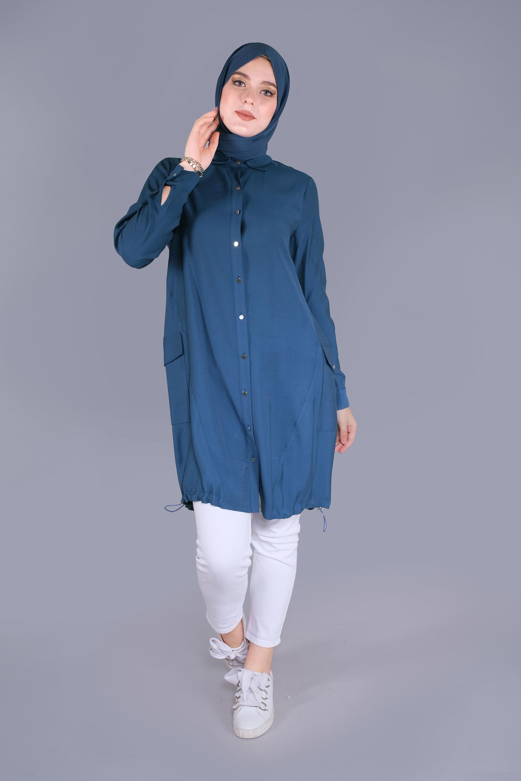 Tesettür giyim LACİVERT BOYDAN DÜĞMELİ CEPLİ TUNİK 41545