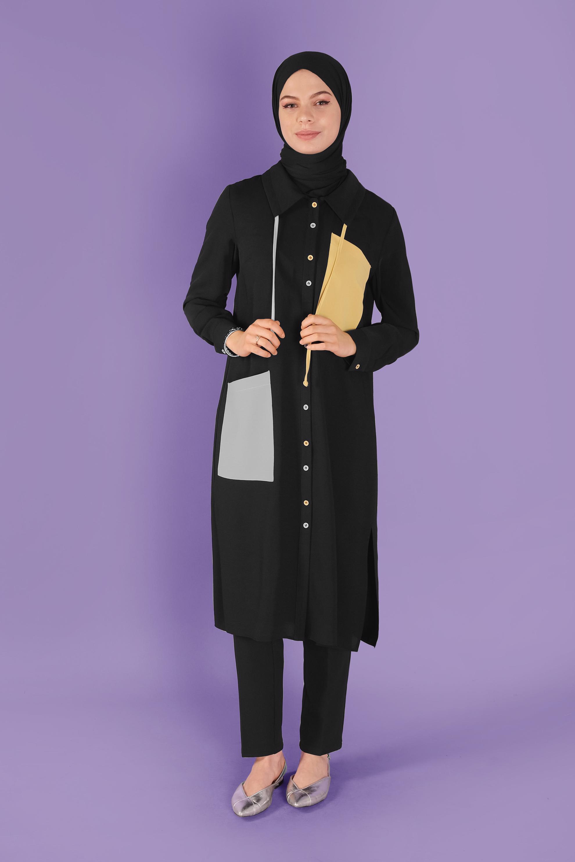 Tesettür giyim SİYAH ÜÇ RENK KOMBİNLİ TUNİK 41546 