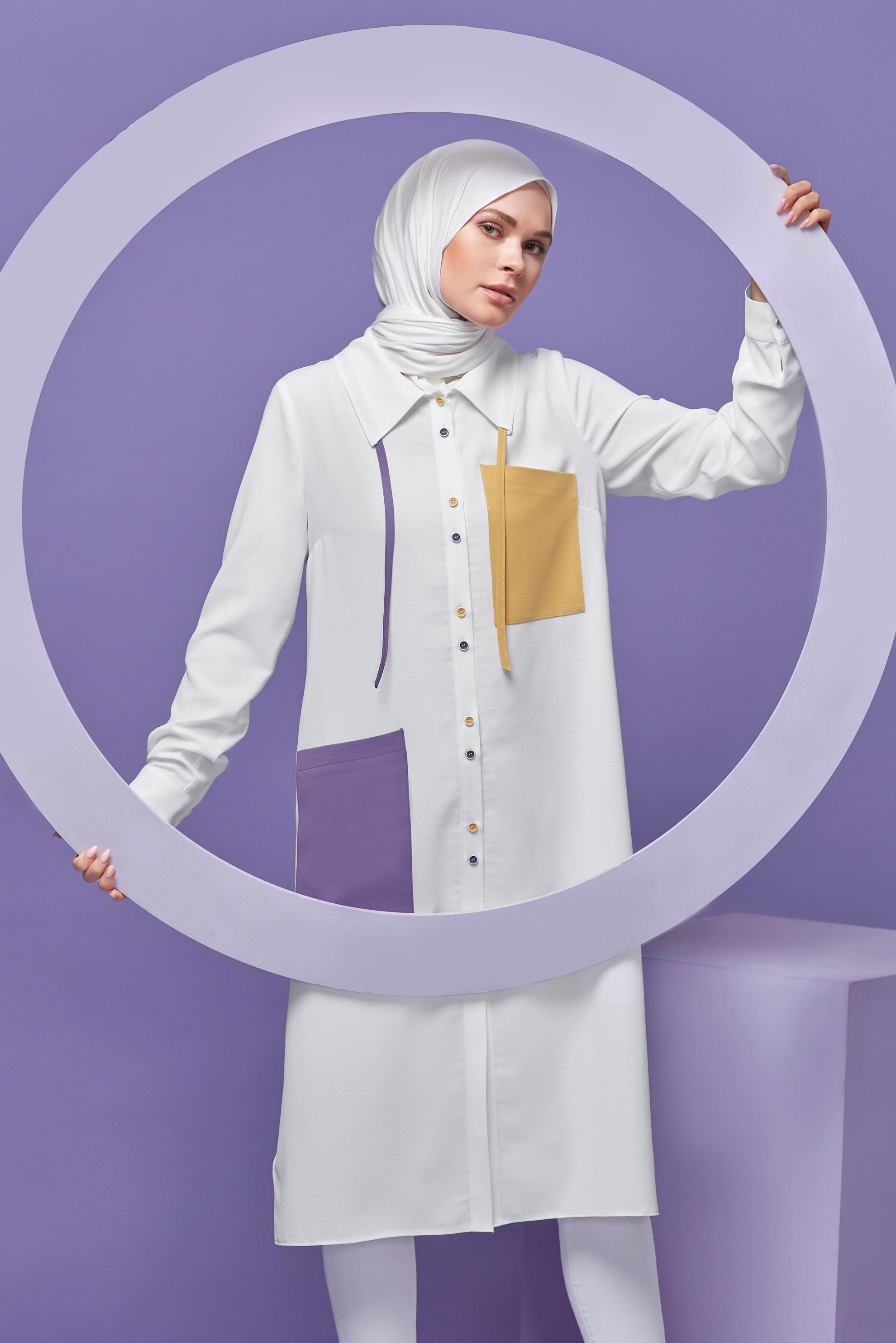 Tesettür giyim BEYAZ ÜÇ RENK KOMBİNLİ TUNİK 41546 