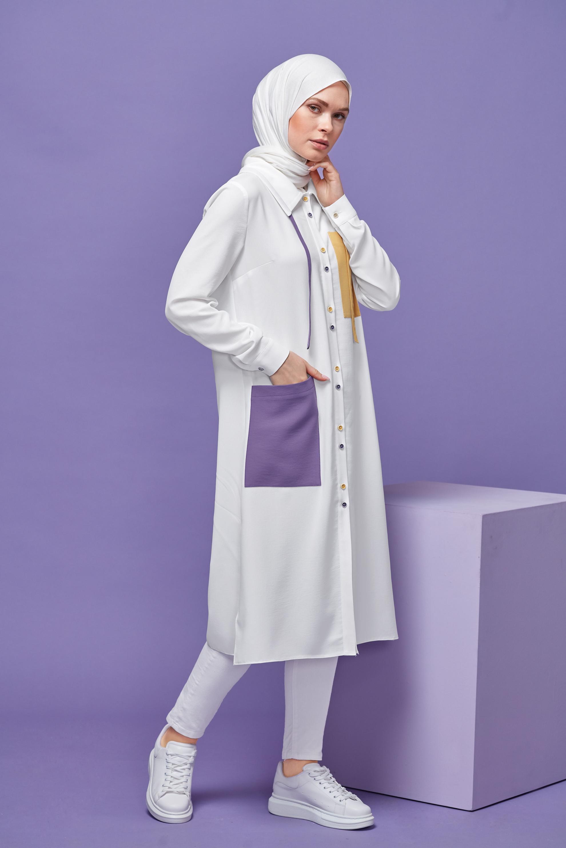 Tesettür giyim BEYAZ ÜÇ RENK KOMBİNLİ TUNİK 41546 