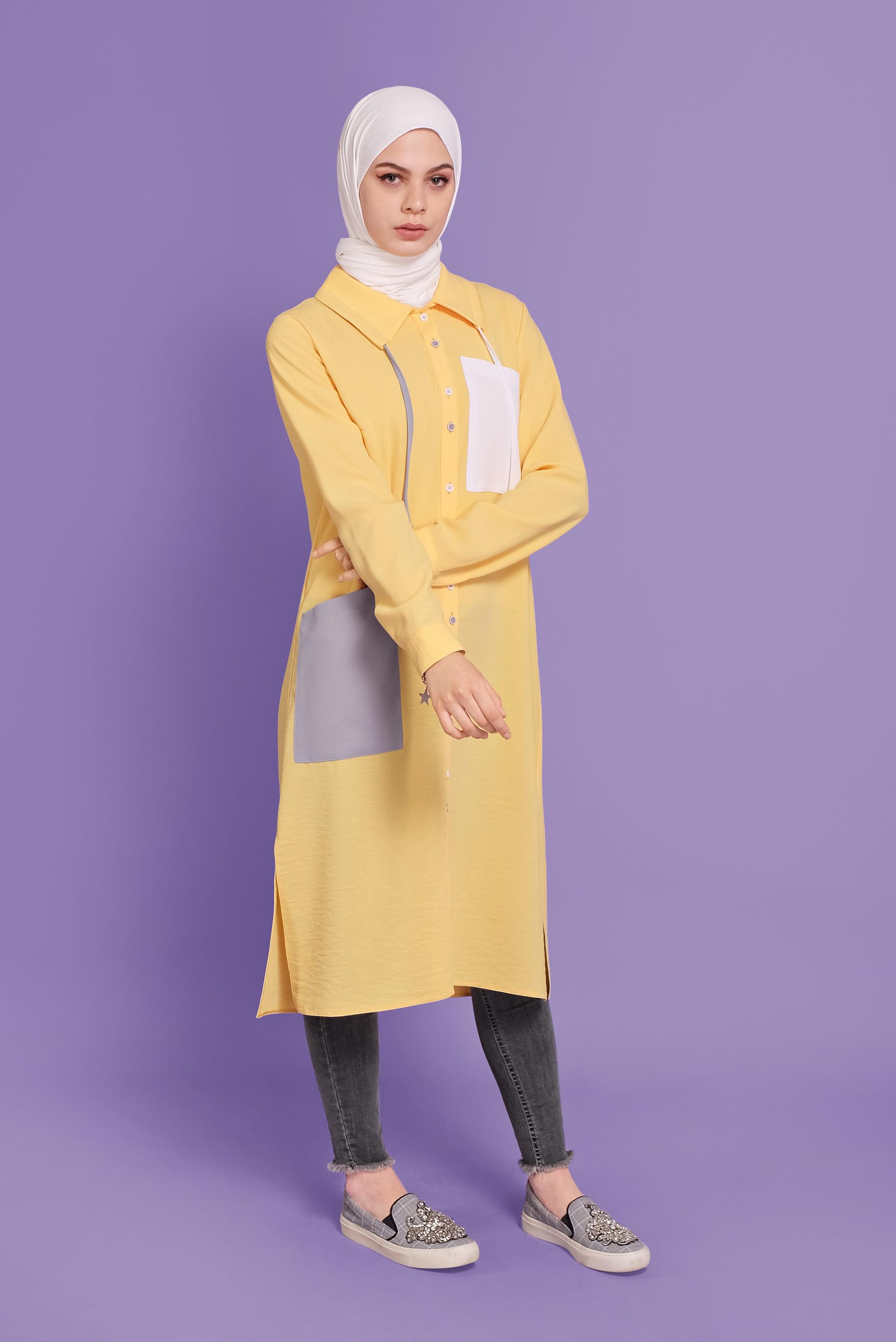 Tesettür giyim SARI ÜÇ RENK KOMBİNLİ TUNİK 41546 