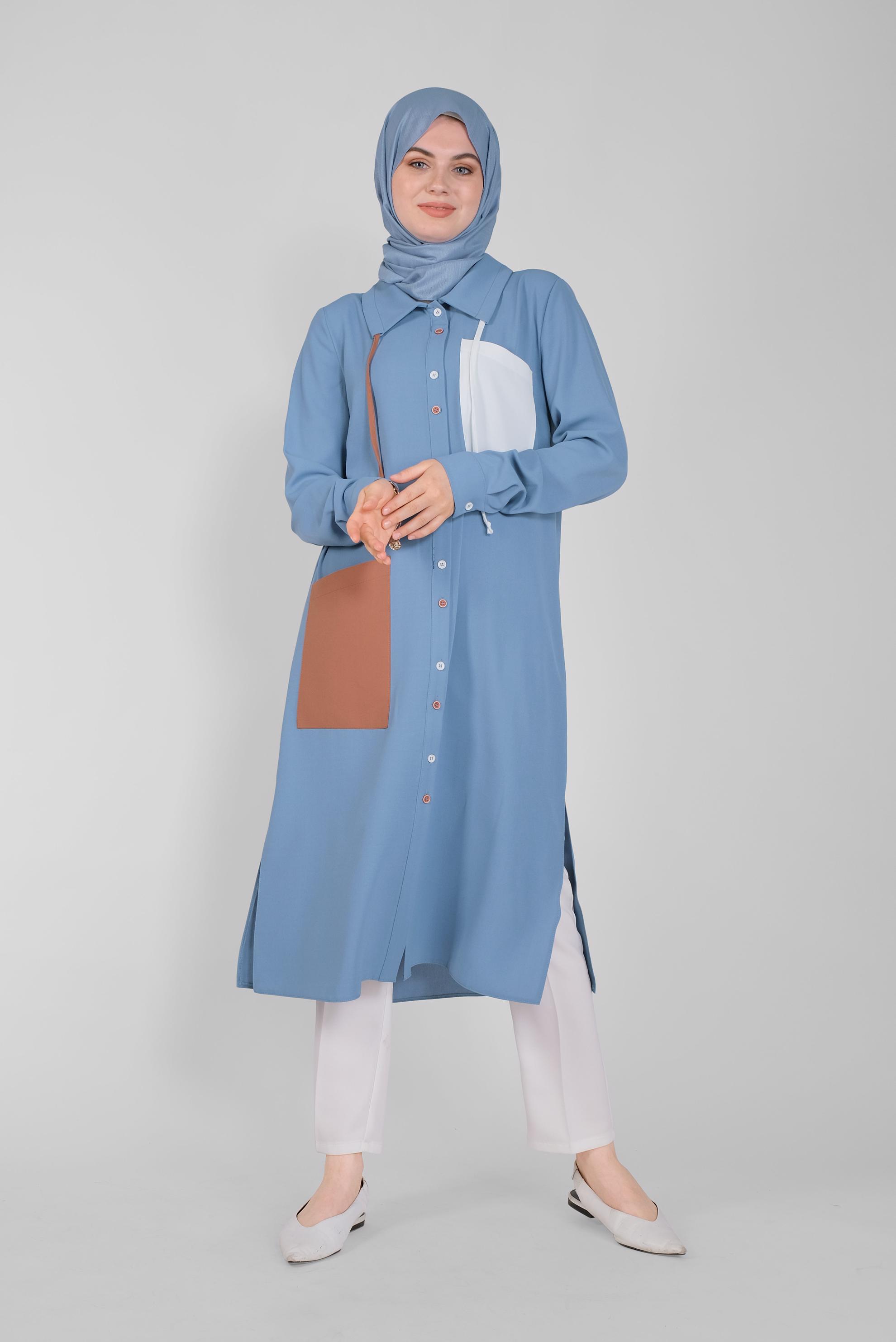 Tesettür giyim MAVİ ÜÇ RENK KOMBİNLİ TUNİK 41546 