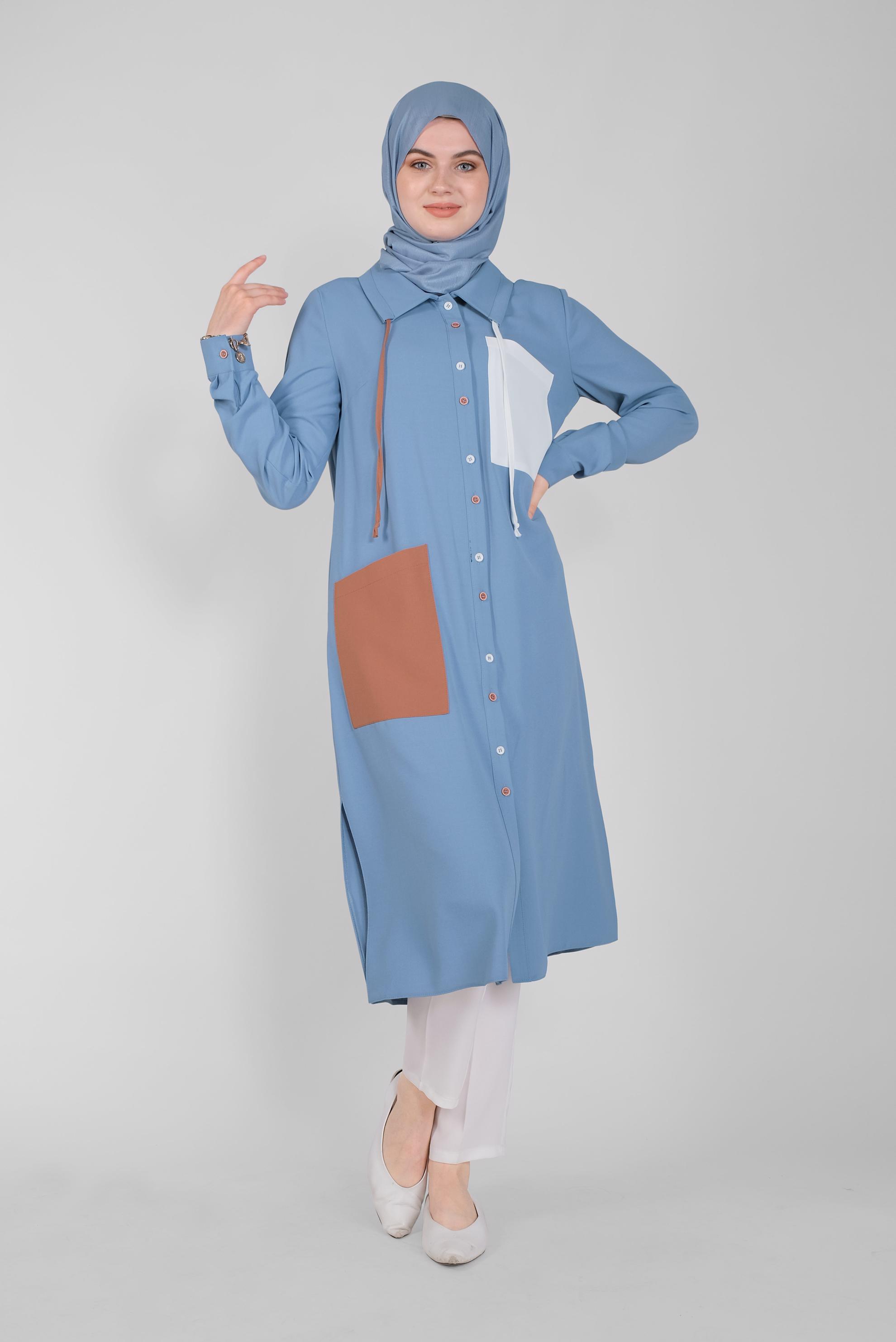 Tesettür giyim MAVİ ÜÇ RENK KOMBİNLİ TUNİK 41546 