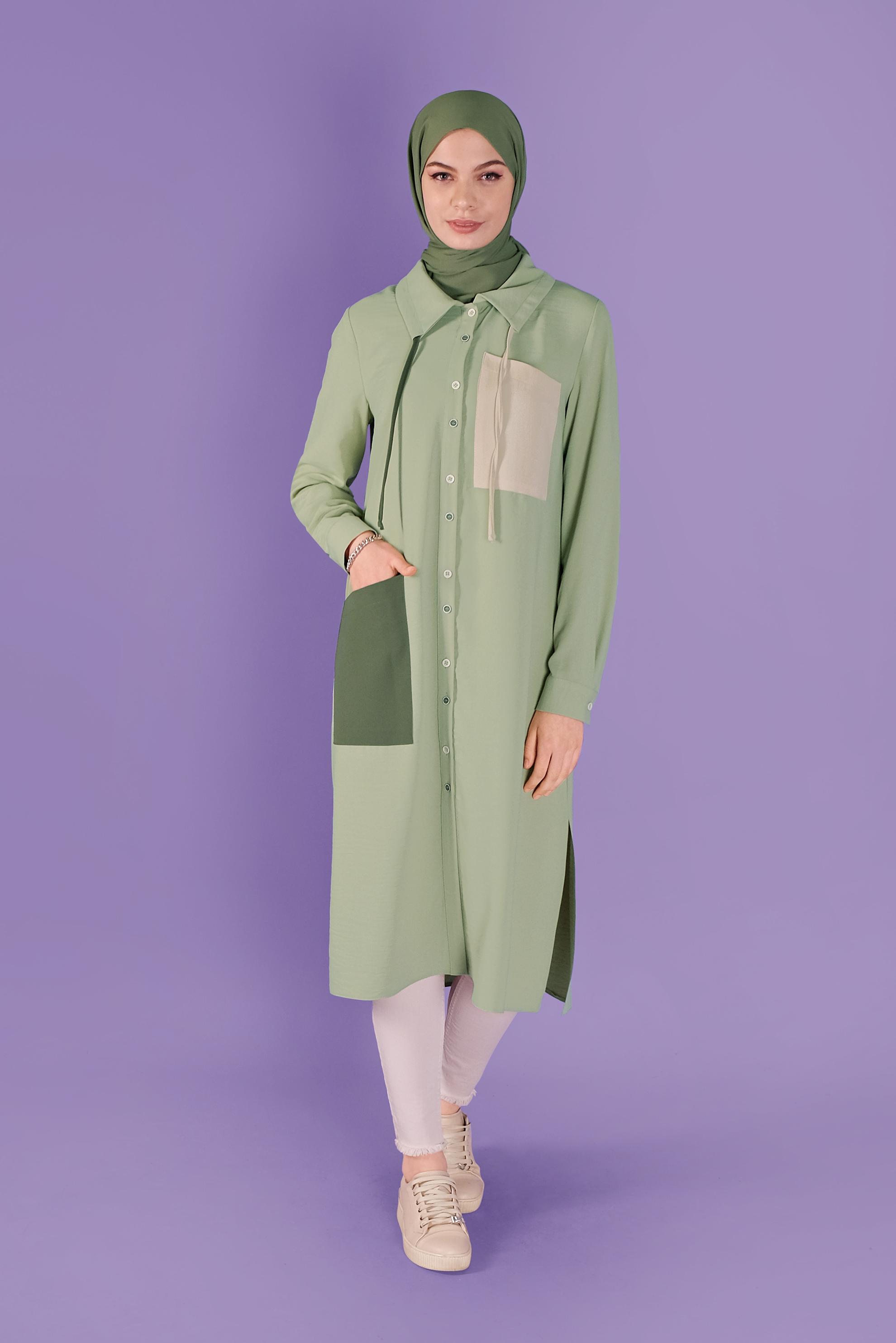 Tesettür giyim YEŞİL ÜÇ RENK KOMBİNLİ TUNİK 41546 