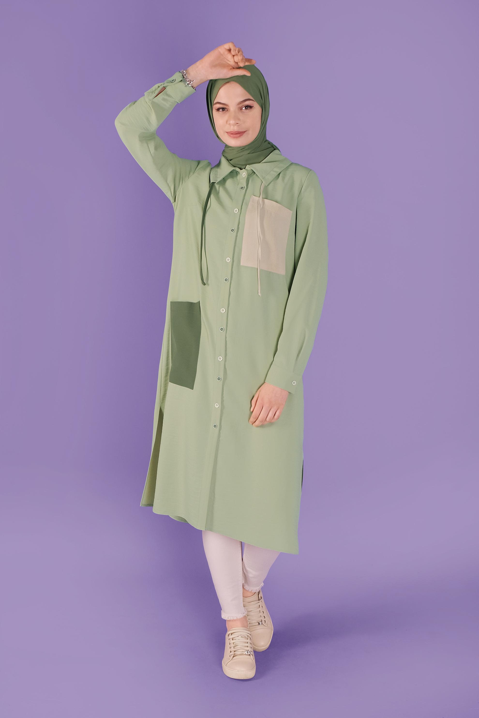 Tesettür giyim YEŞİL ÜÇ RENK KOMBİNLİ TUNİK 41546 