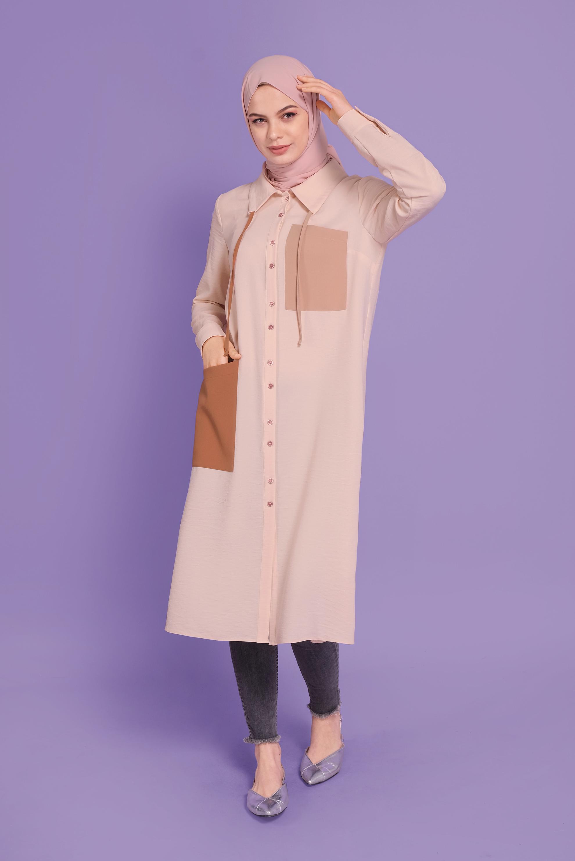 Tesettür giyim EKRU ÜÇ RENK KOMBİNLİ TUNİK 41546 