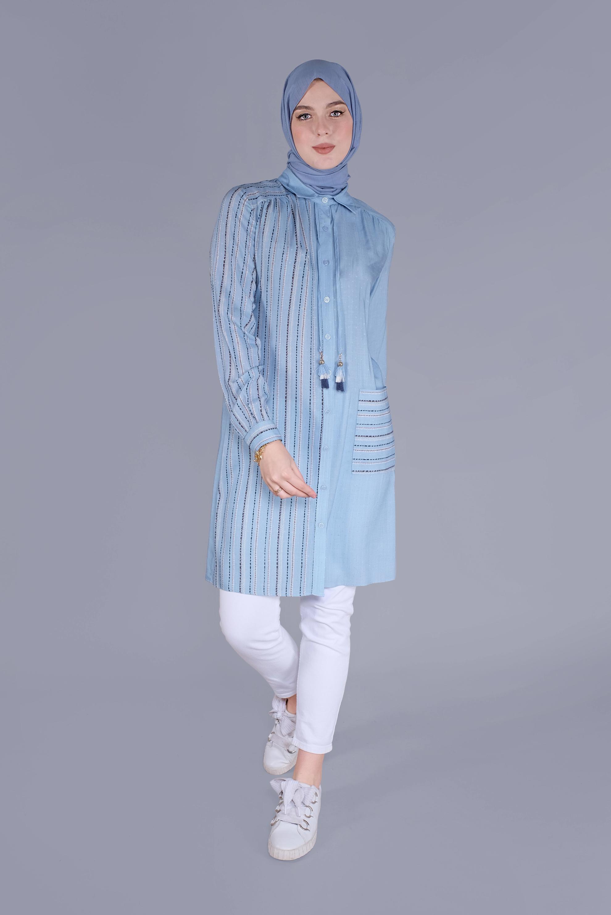 Tesettür giyim MAVİ KOMBİNLİ ÇİZGİLİ TUNİK 41548 