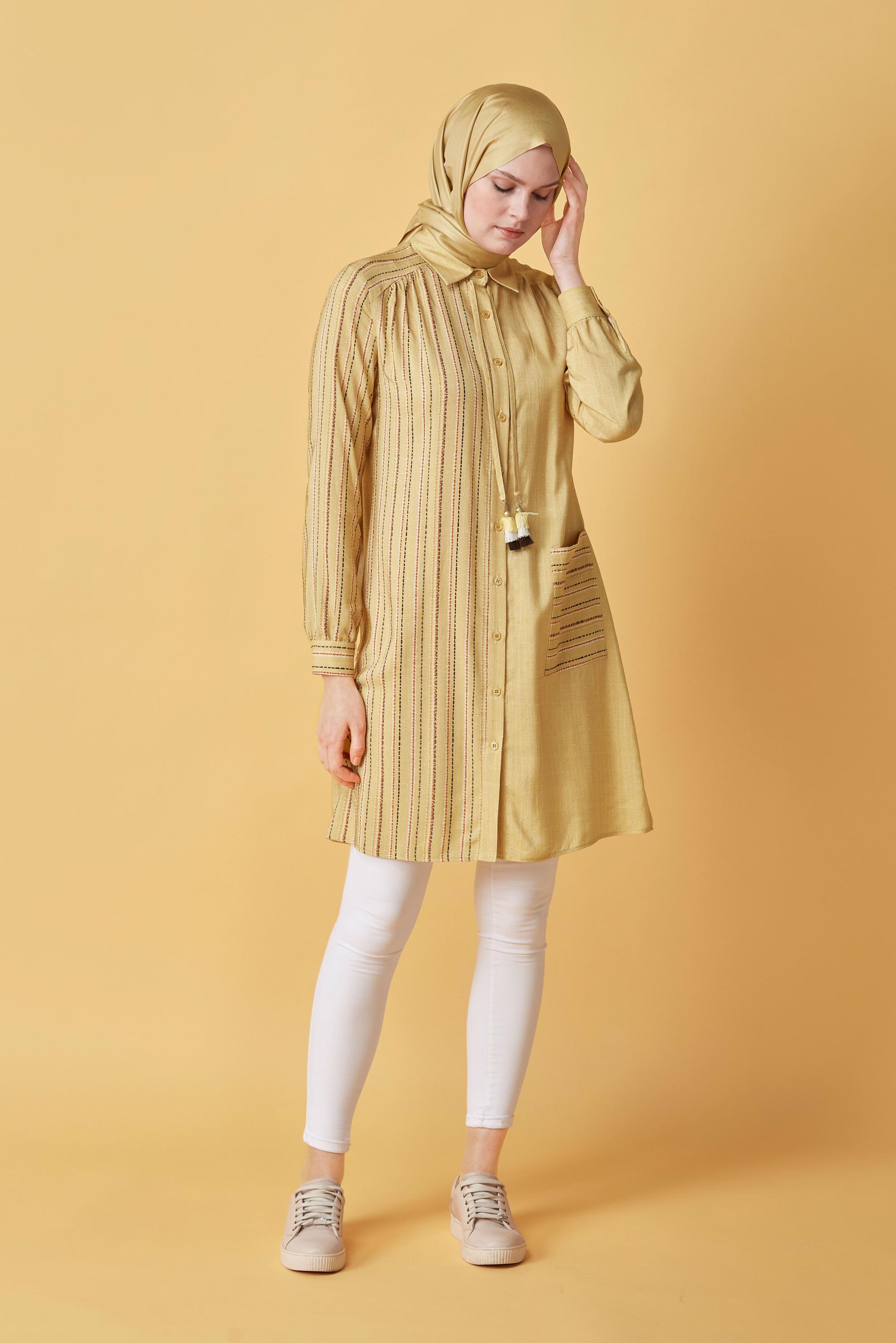 Tesettür giyim SARI KOMBİNLİ ÇİZGİLİ TUNİK 41548 