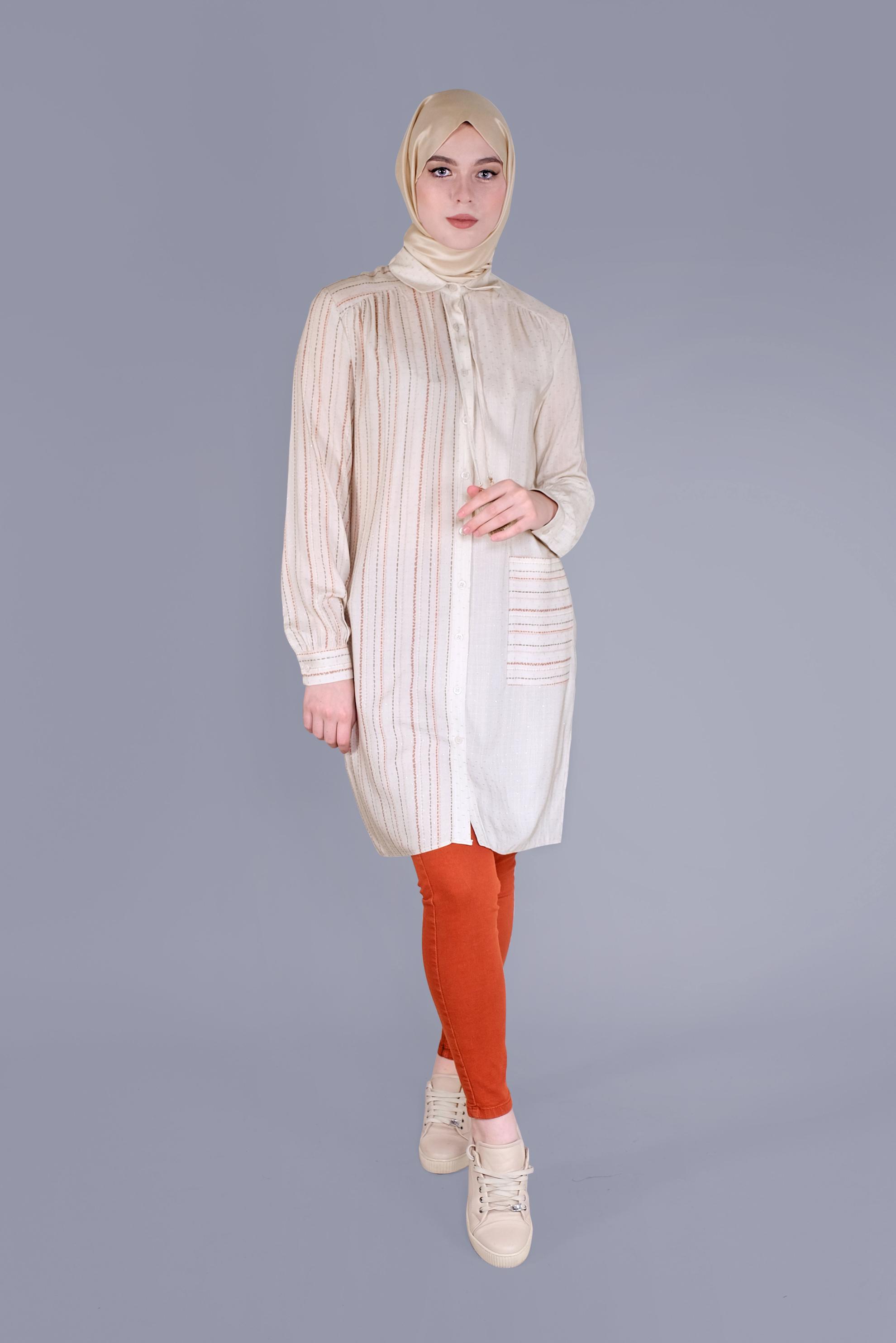 Tesettür giyim BEJ KOMBİNLİ ÇİZGİLİ TUNİK 41548 