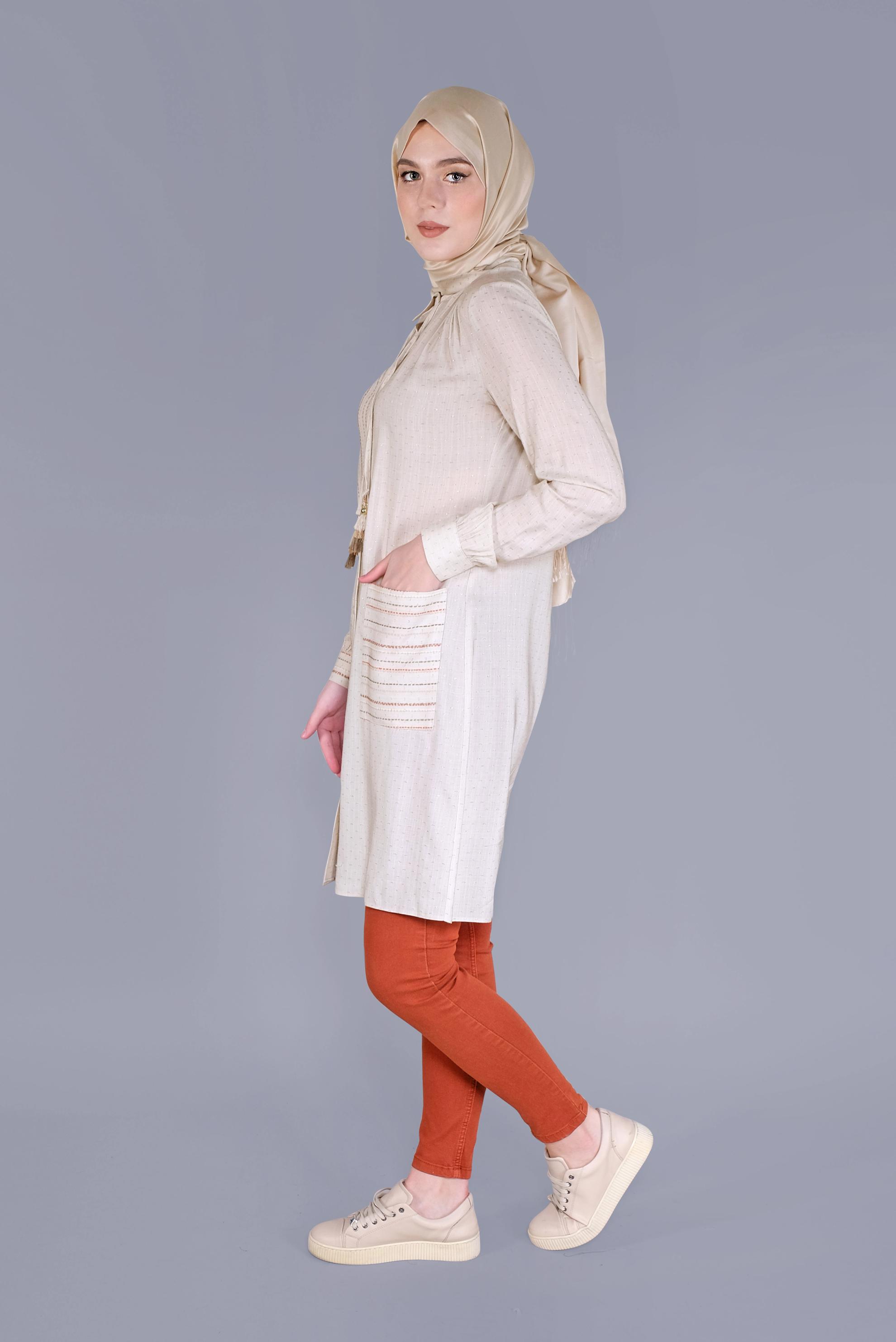 Tesettür giyim BEJ KOMBİNLİ ÇİZGİLİ TUNİK 41548 