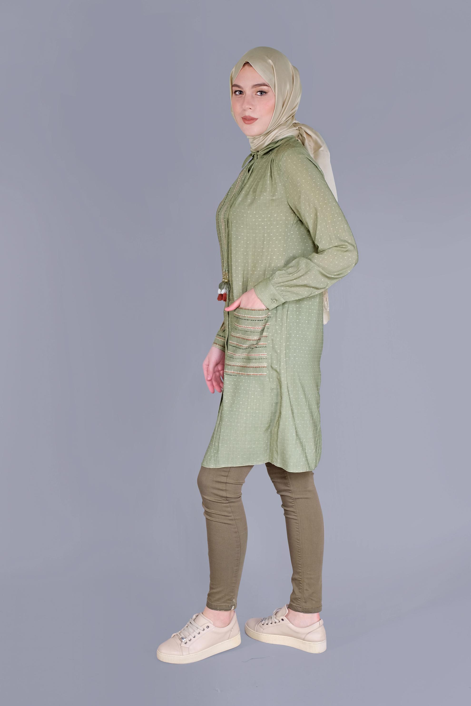 Tesettür giyim HAKİ KOMBİNLİ ÇİZGİLİ TUNİK 41548 