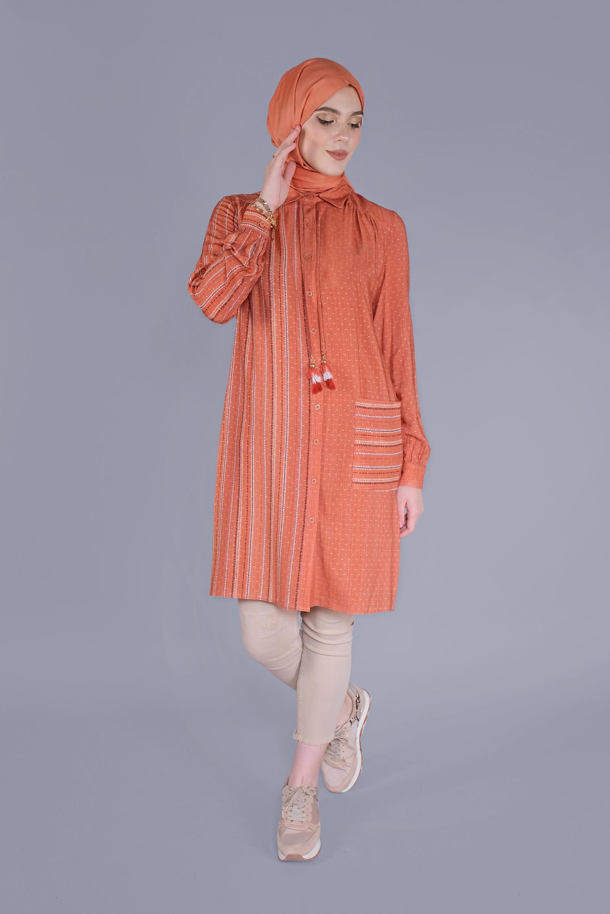 Tesettür giyim TURUNCU KOMBİNLİ ÇİZGİLİ TUNİK 41548 