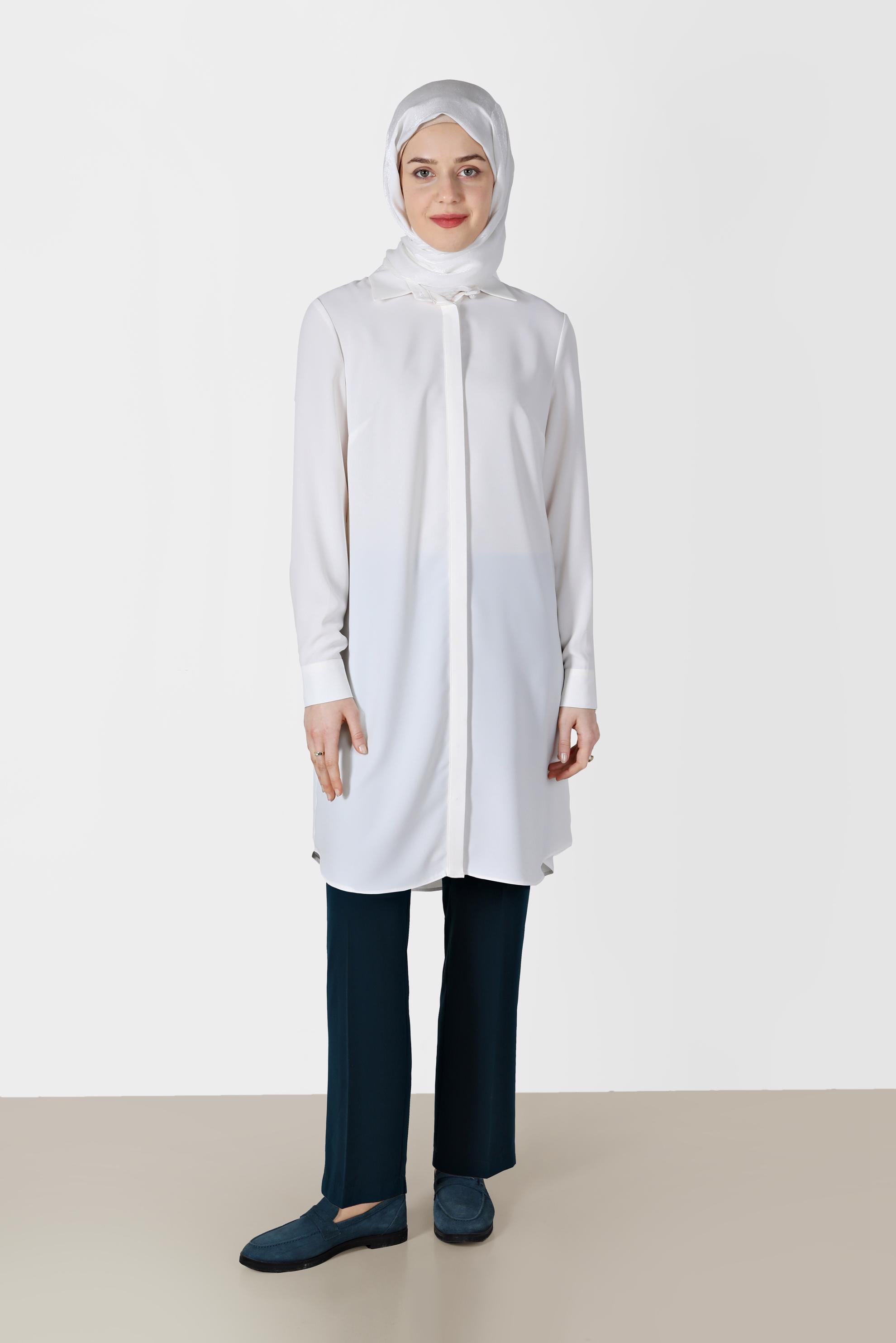 Tesettür giyim EKRU GÖMLEK YAKA TUNİK 41557