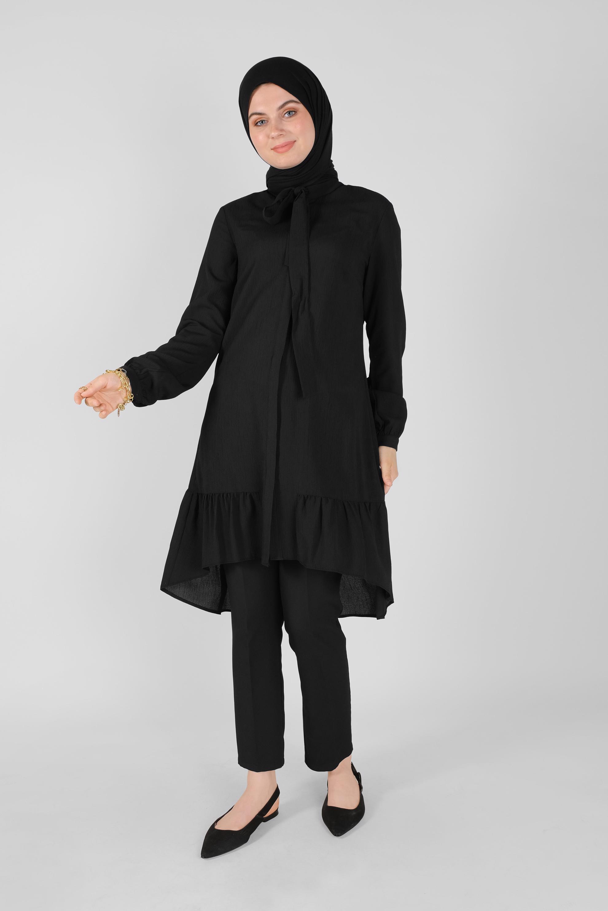 Tesettür giyim SİYAH YAKASI BAĞCIKLI FIRFIRLI TUNİK 41558 