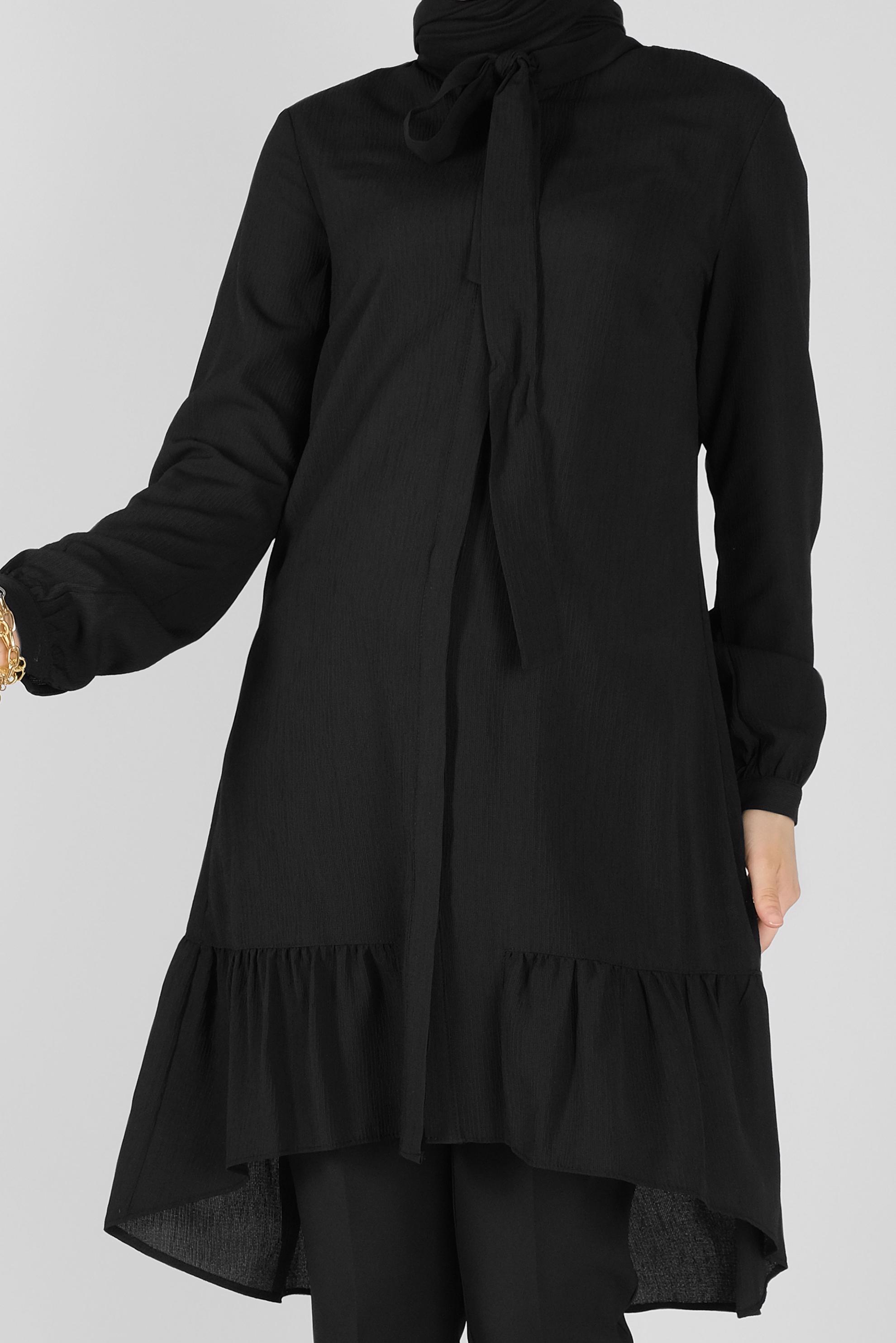 Tesettür giyim SİYAH YAKASI BAĞCIKLI FIRFIRLI TUNİK 41558 