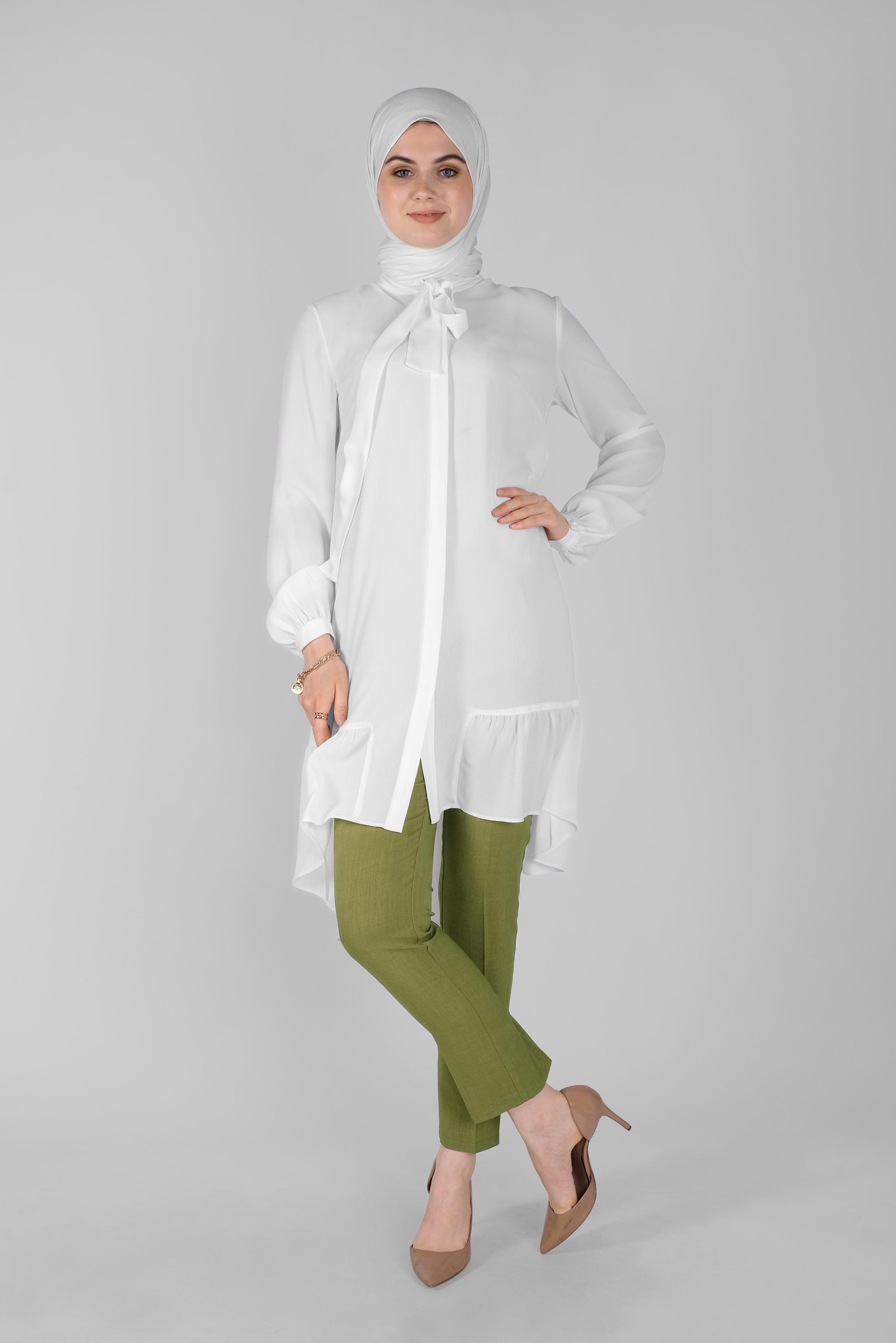 Tesettür giyim BEYAZ YAKASI BAĞCIKLI FIRFIRLI TUNİK 41558 