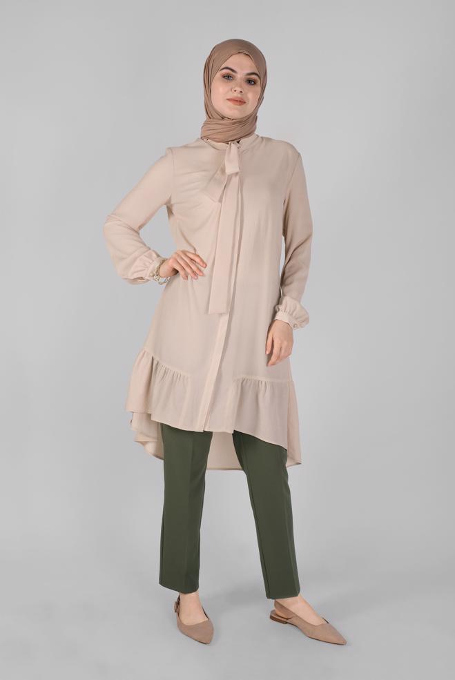 Tesettür giyim  YAKASI BAĞCIKLI FIRFIRLI TUNİK 41558  - ALVİNA