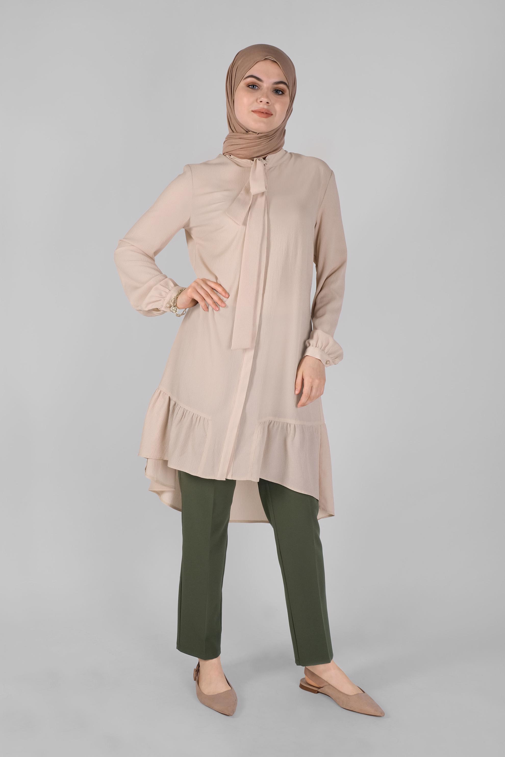 Tesettür giyim BEJ YAKASI BAĞCIKLI FIRFIRLI TUNİK 41558 