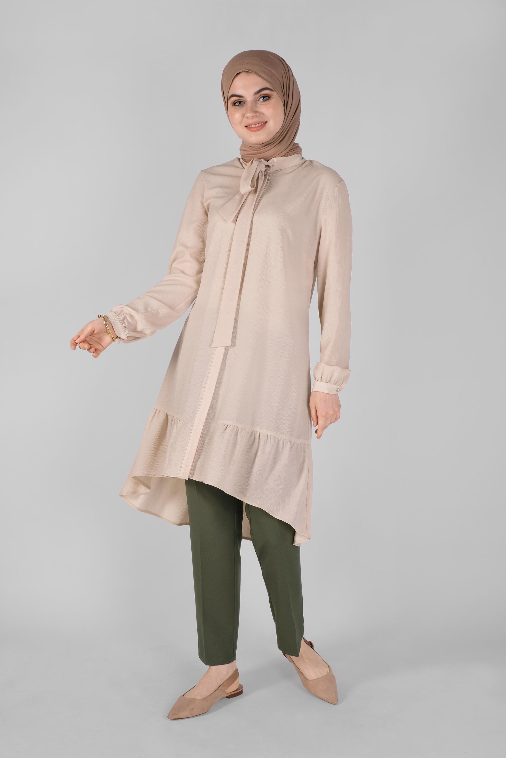 Tesettür giyim BEJ YAKASI BAĞCIKLI FIRFIRLI TUNİK 41558 