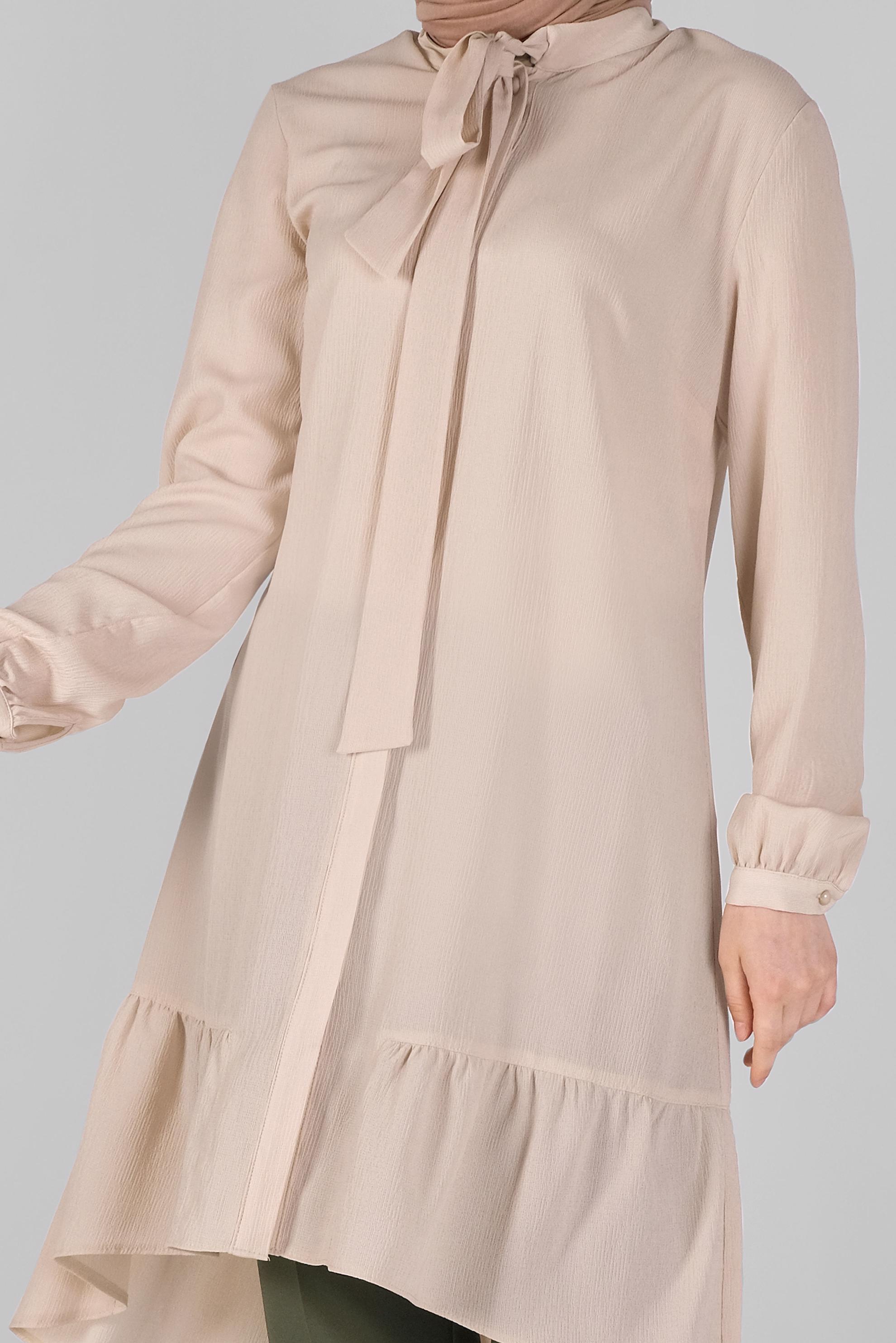 Tesettür giyim BEJ YAKASI BAĞCIKLI FIRFIRLI TUNİK 41558 