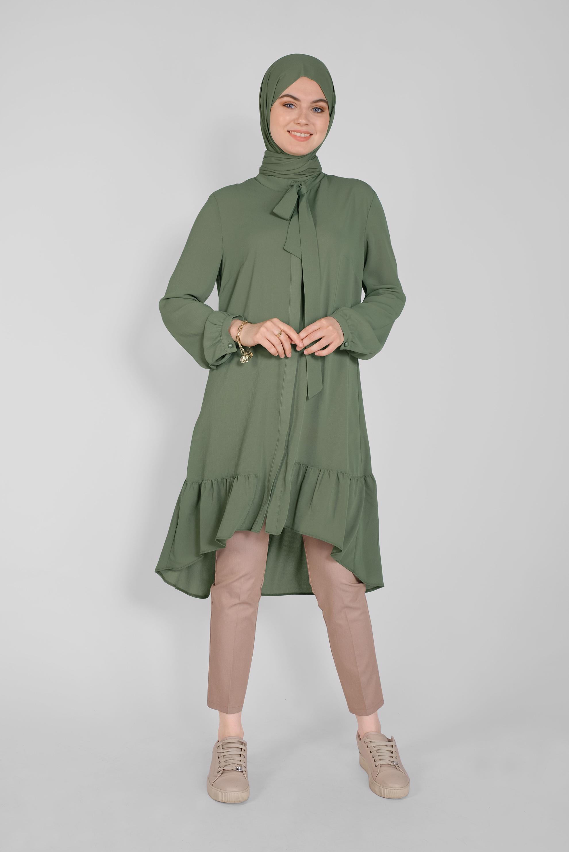 Tesettür giyim HAKİ YAKASI BAĞCIKLI FIRFIRLI TUNİK 41558 