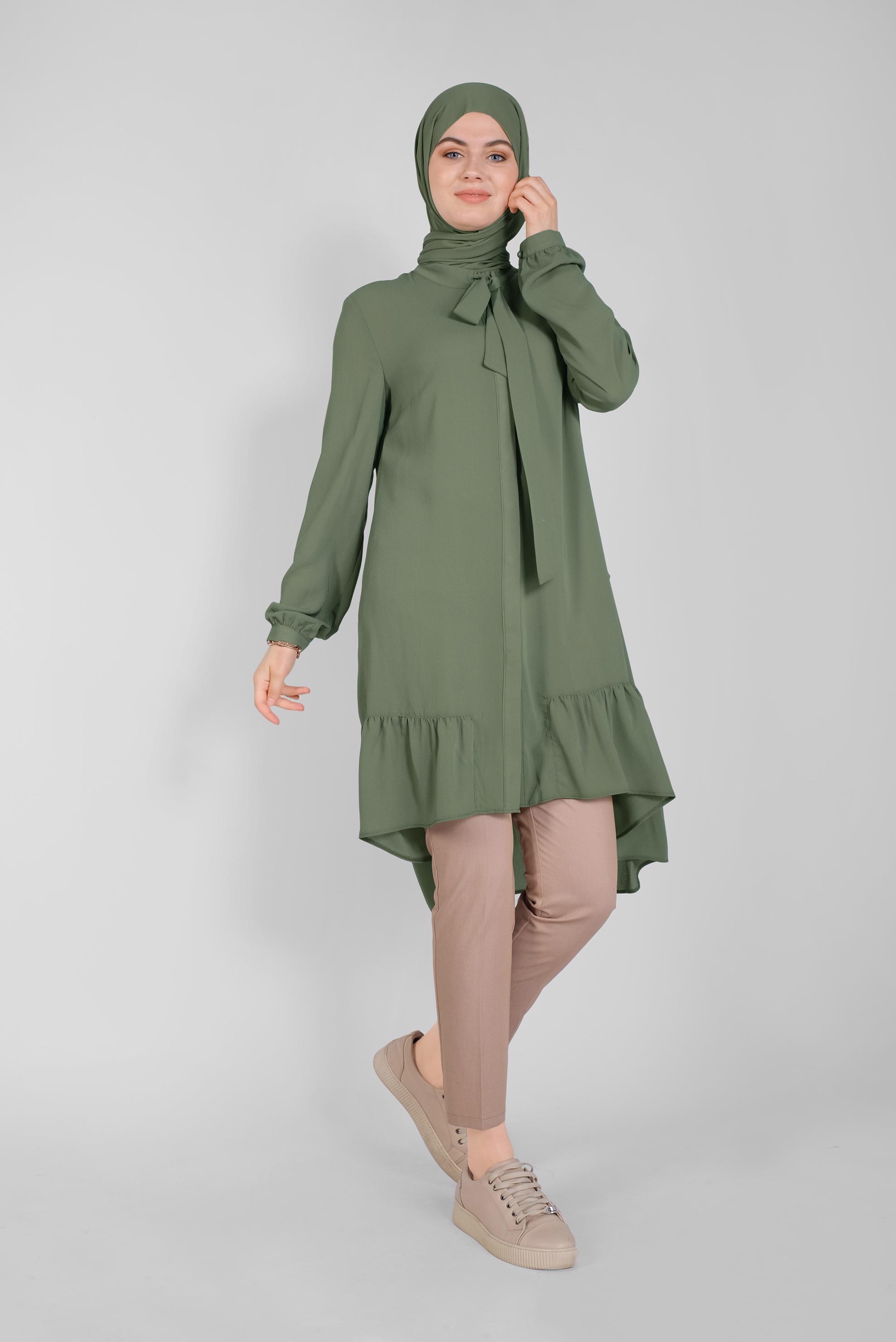 Tesettür giyim HAKİ YAKASI BAĞCIKLI FIRFIRLI TUNİK 41558 