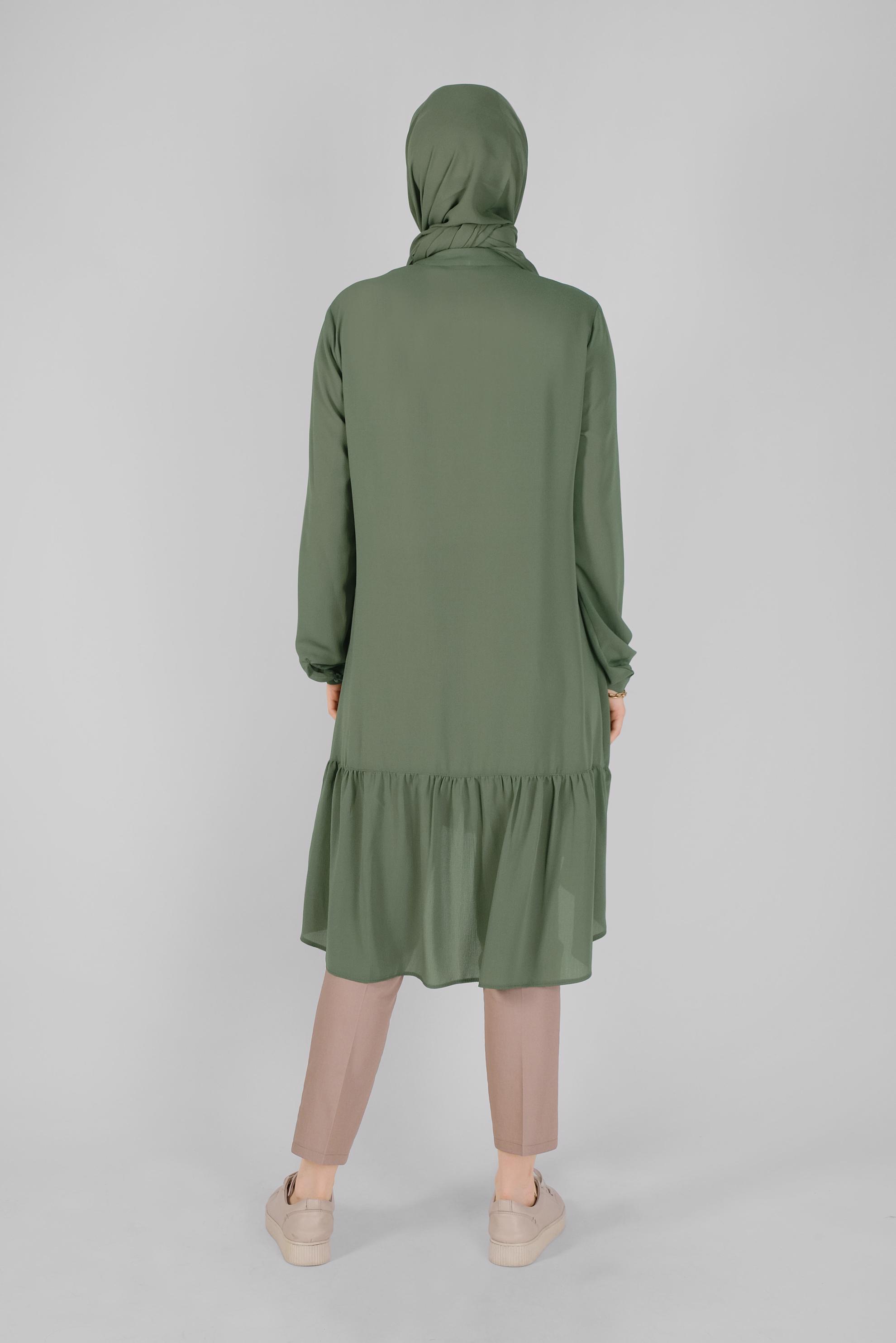 Tesettür giyim HAKİ YAKASI BAĞCIKLI FIRFIRLI TUNİK 41558 