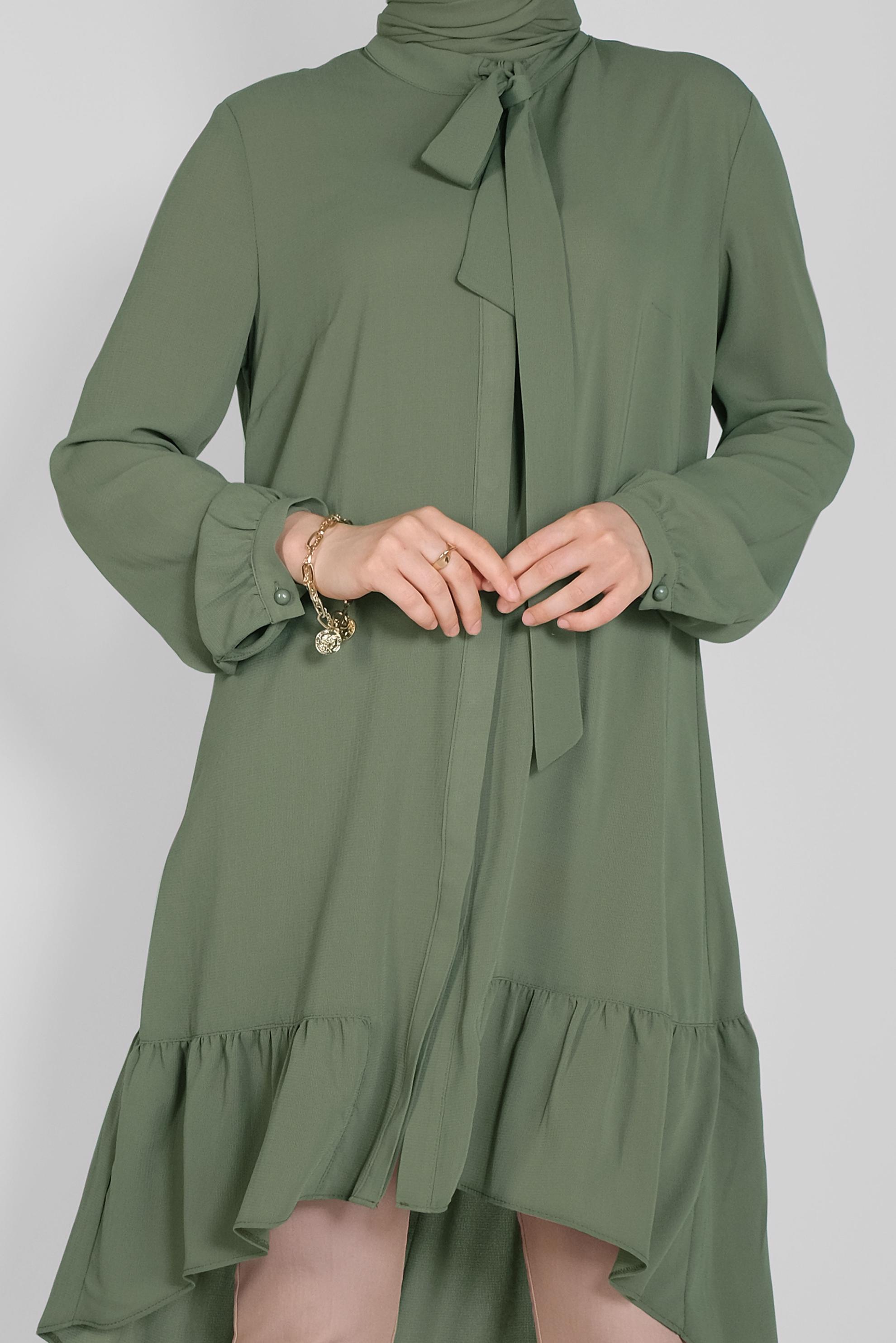 Tesettür giyim HAKİ YAKASI BAĞCIKLI FIRFIRLI TUNİK 41558 