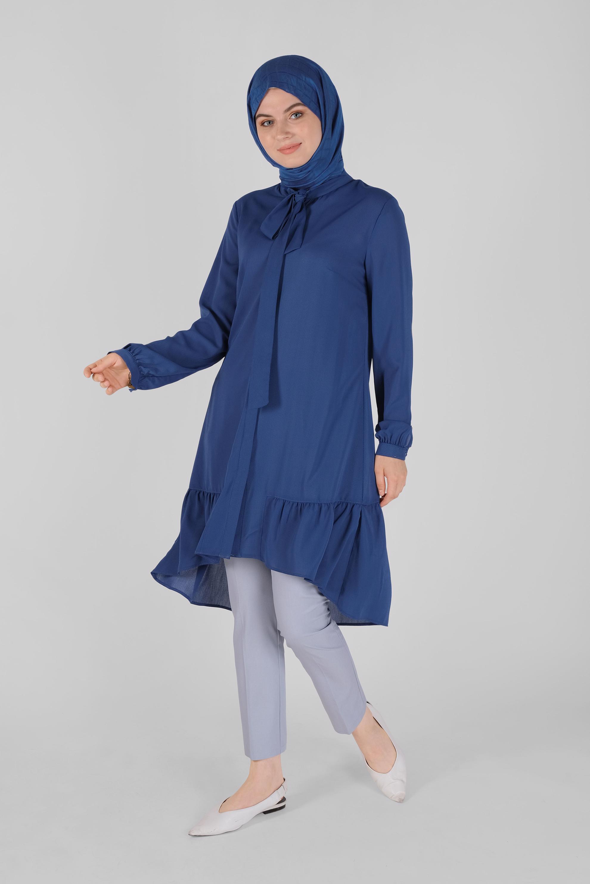 Tesettür giyim LACİVERT YAKASI BAĞCIKLI FIRFIRLI TUNİK 41558 