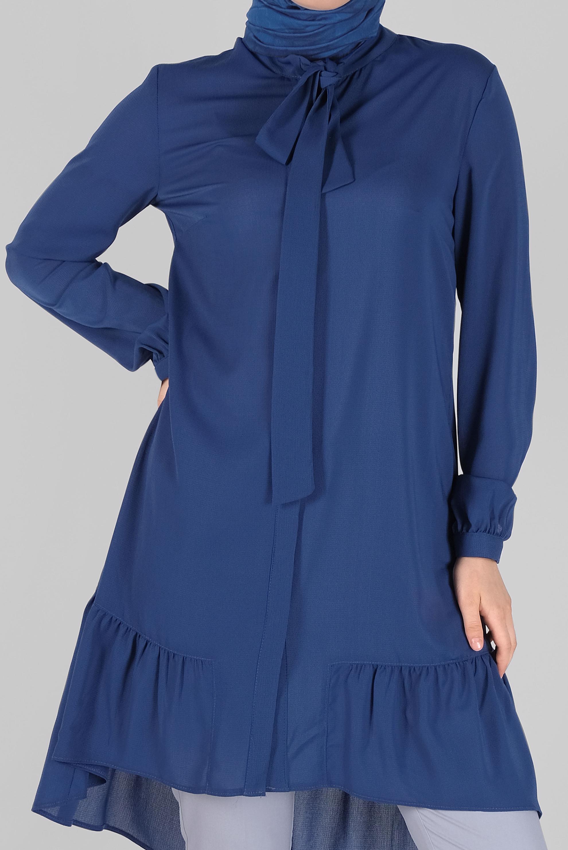 Tesettür giyim LACİVERT YAKASI BAĞCIKLI FIRFIRLI TUNİK 41558 