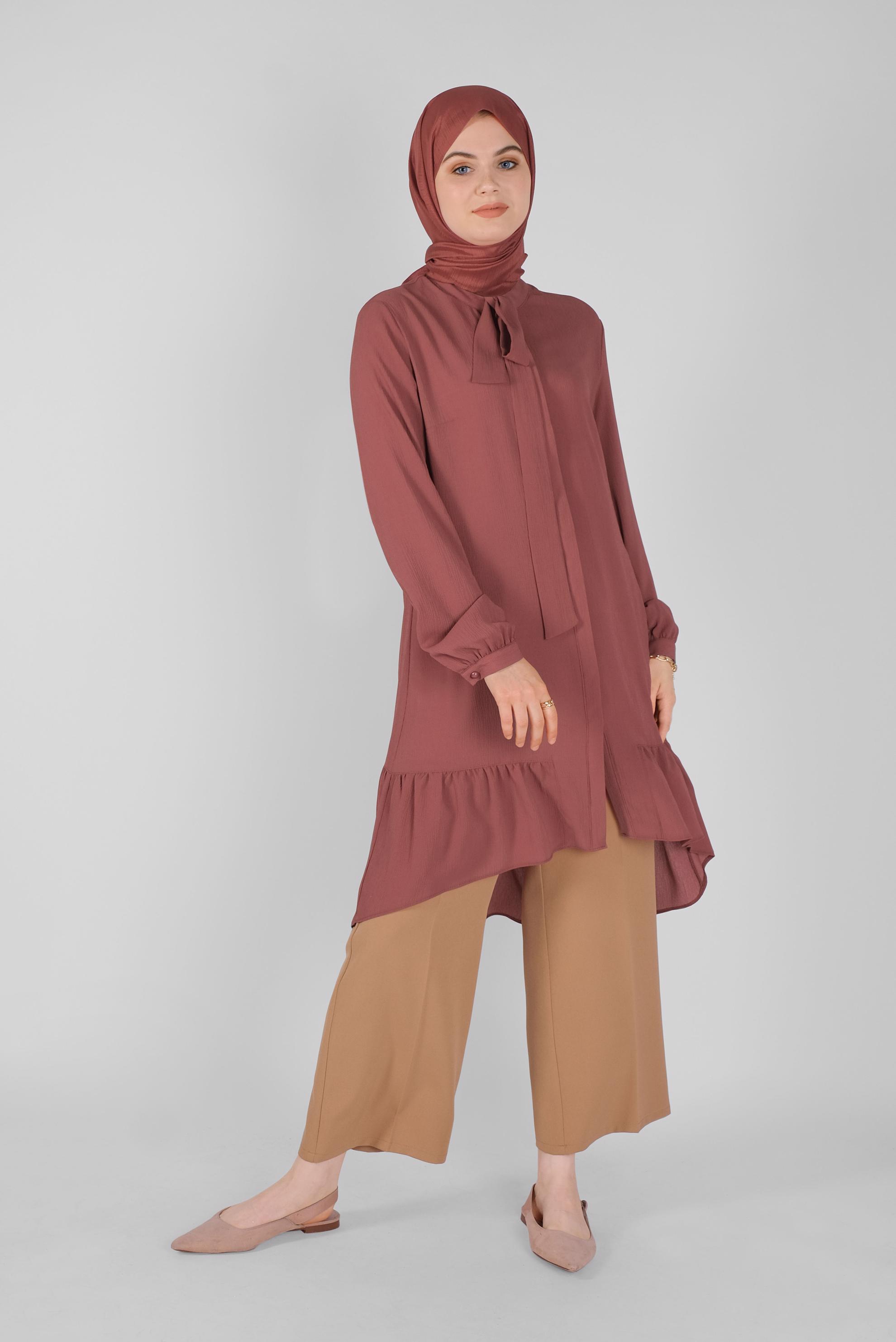 Tesettür giyim KAHVE YAKASI BAĞCIKLI FIRFIRLI TUNİK 41558 