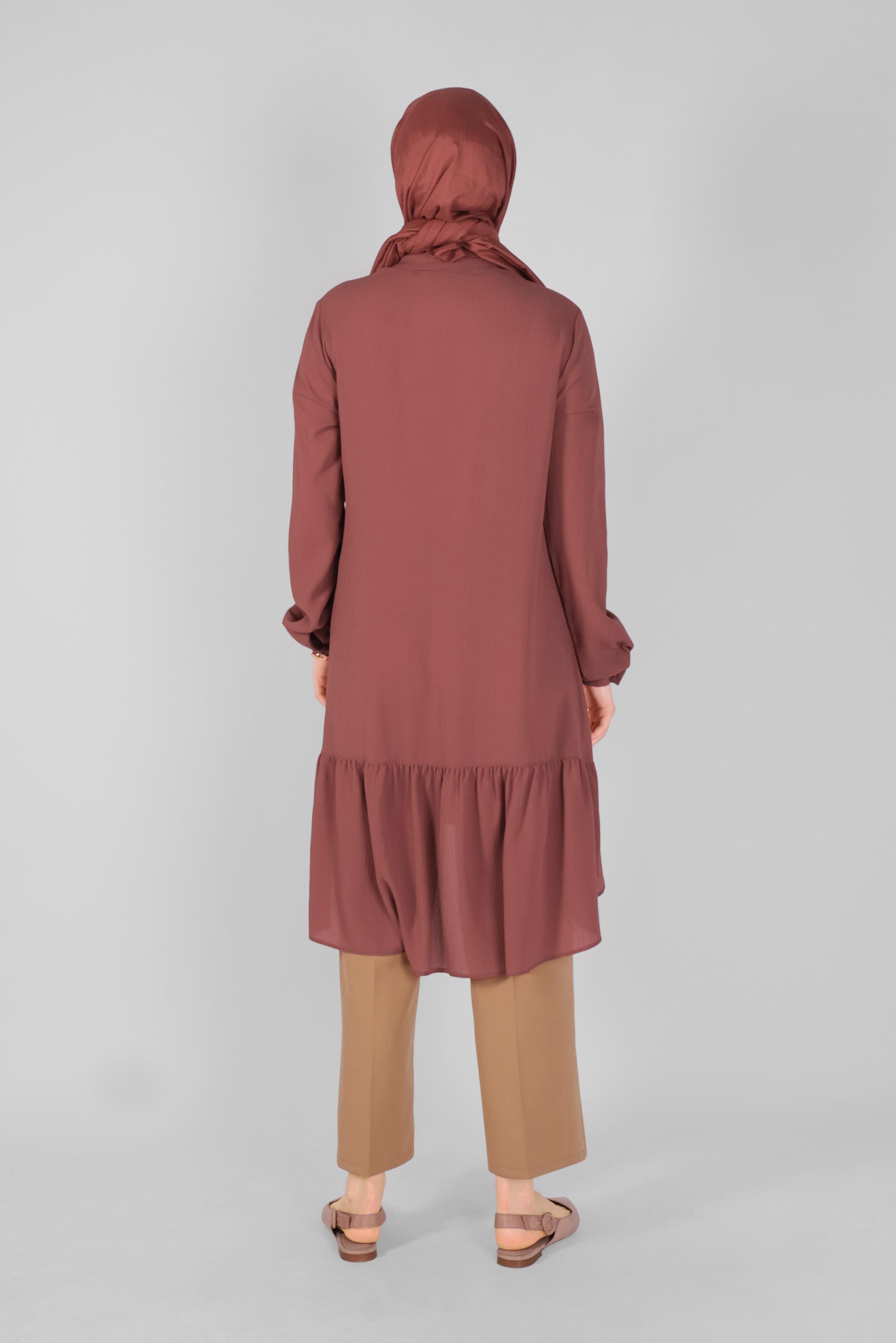 Tesettür giyim KAHVE YAKASI BAĞCIKLI FIRFIRLI TUNİK 41558 