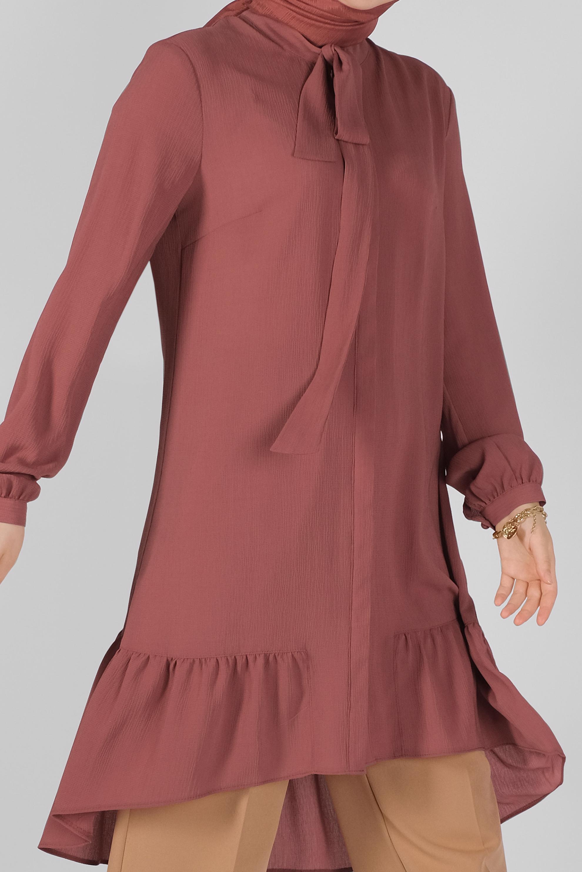 Tesettür giyim KAHVE YAKASI BAĞCIKLI FIRFIRLI TUNİK 41558 