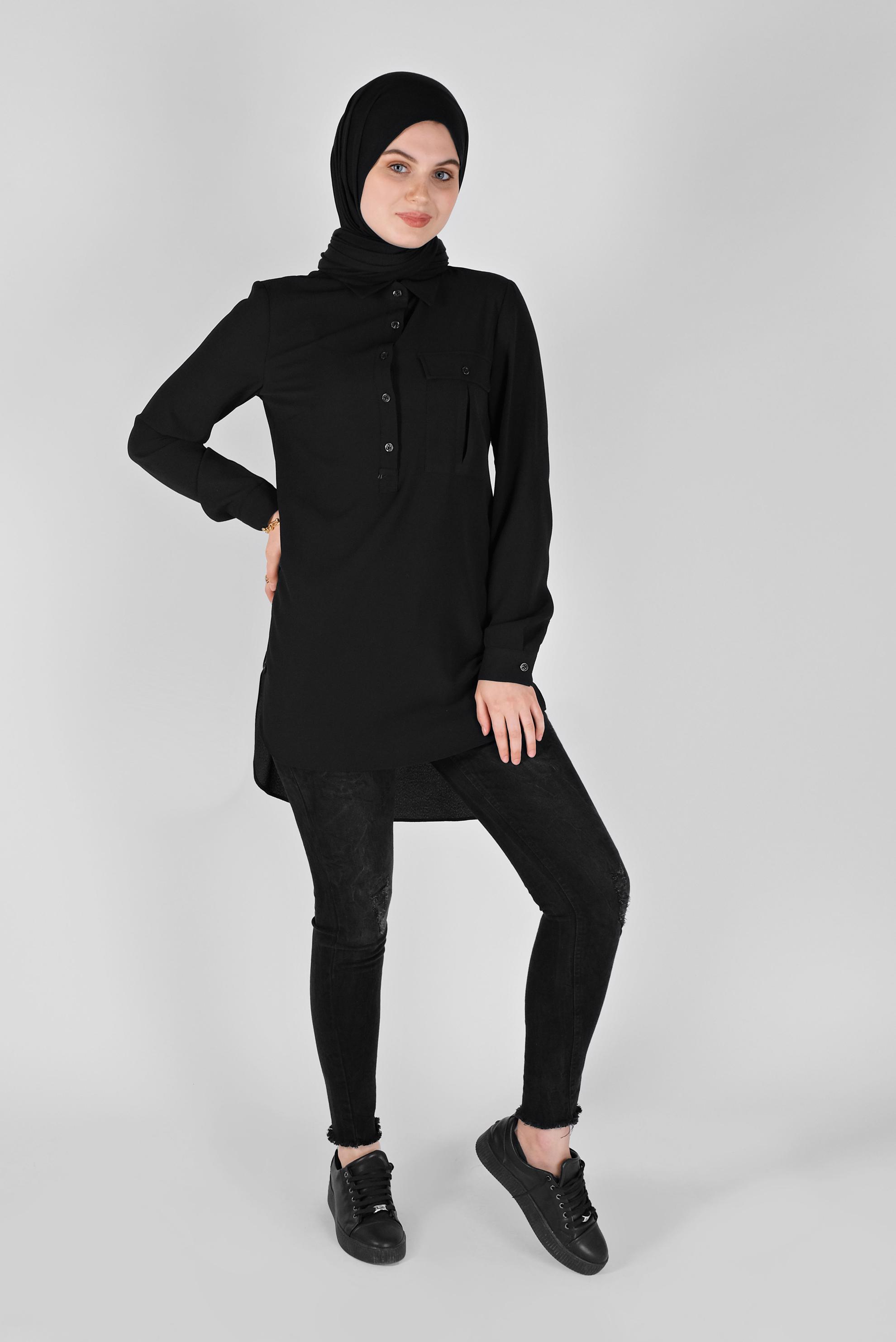 Tesettür giyim SİYAH CEPLİ DÜĞMELİ TUNİK 41559 