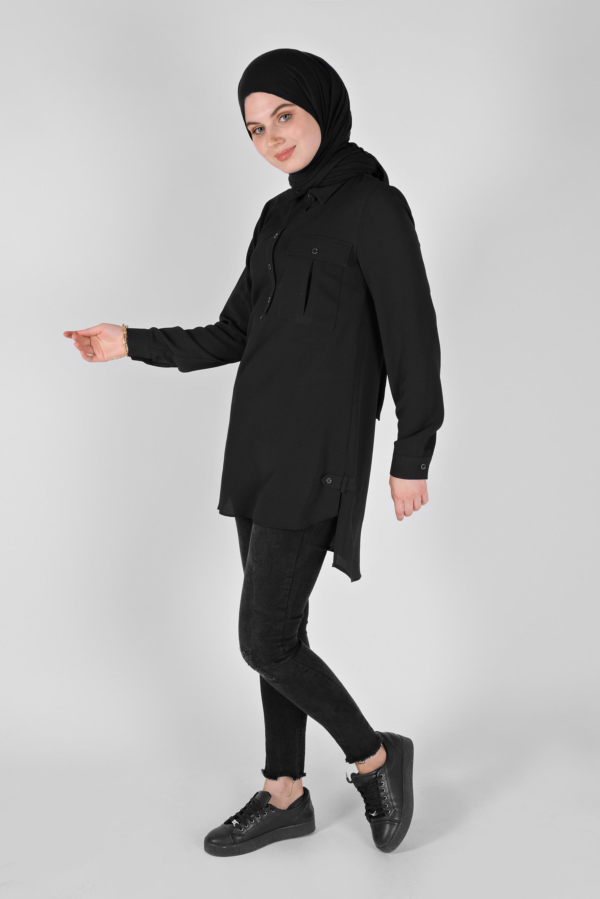 Tesettür giyim SİYAH CEPLİ DÜĞMELİ TUNİK 41559 