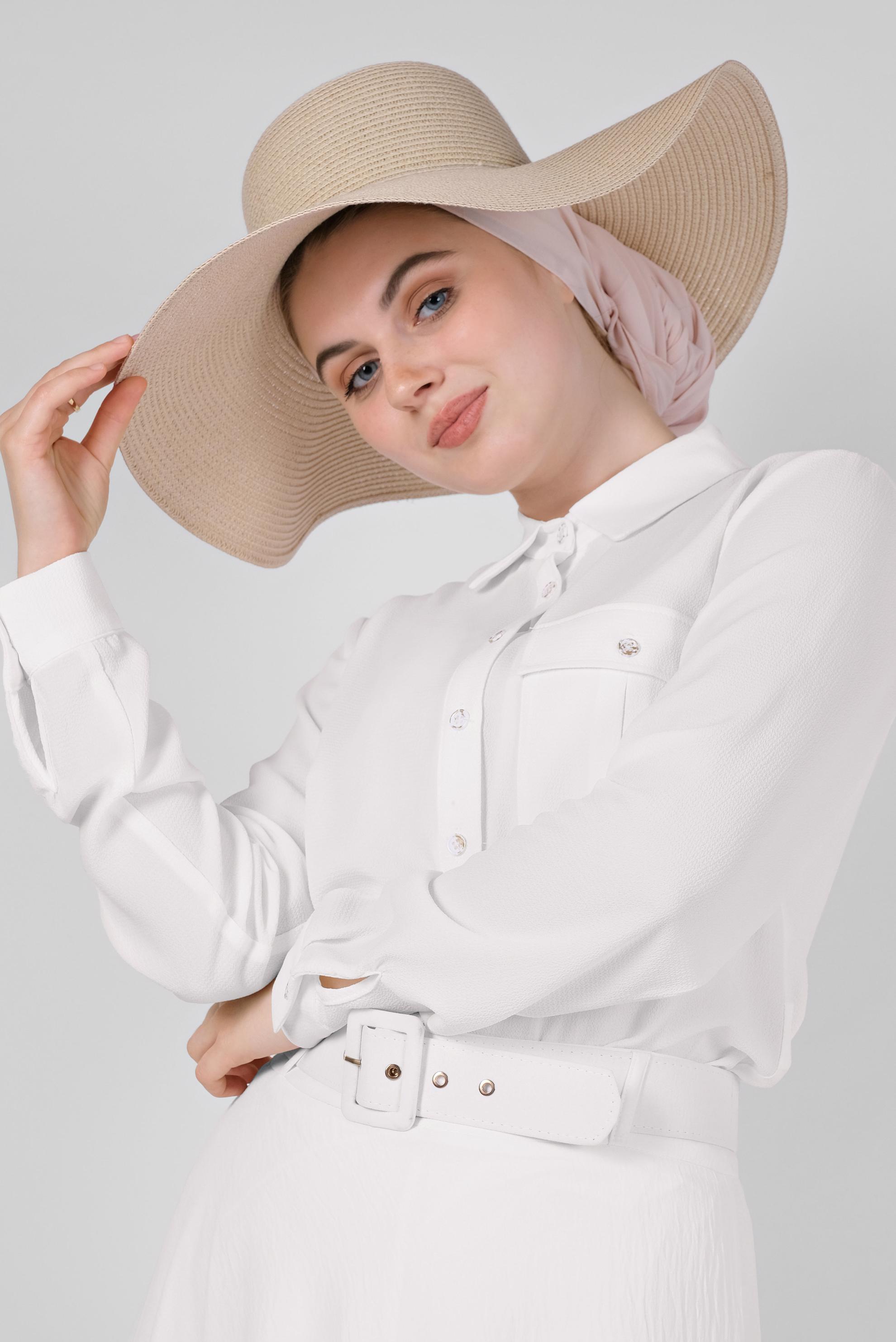 Tesettür giyim BEYAZ CEPLİ DÜĞMELİ TUNİK 41559 