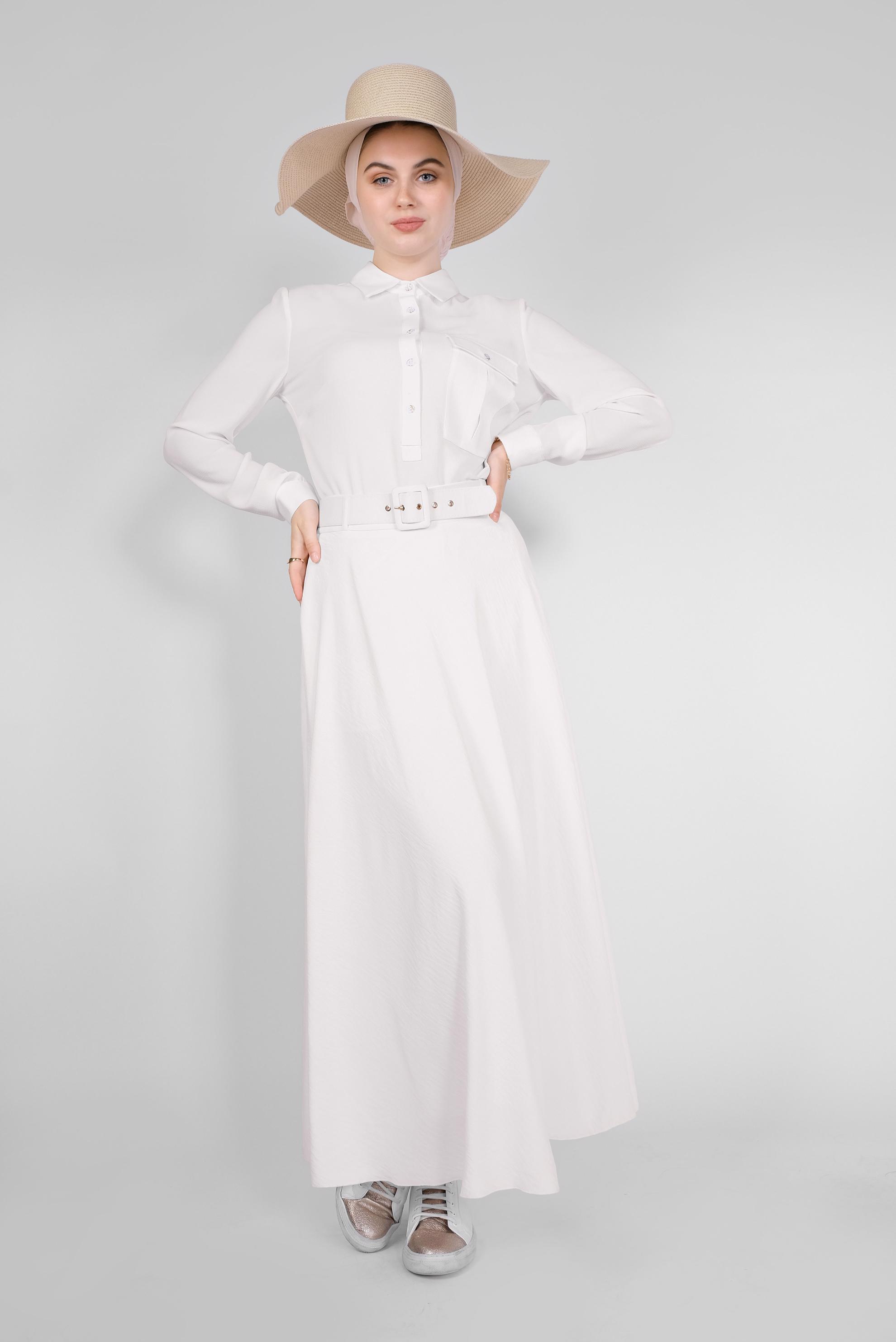 Tesettür giyim BEYAZ CEPLİ DÜĞMELİ TUNİK 41559 