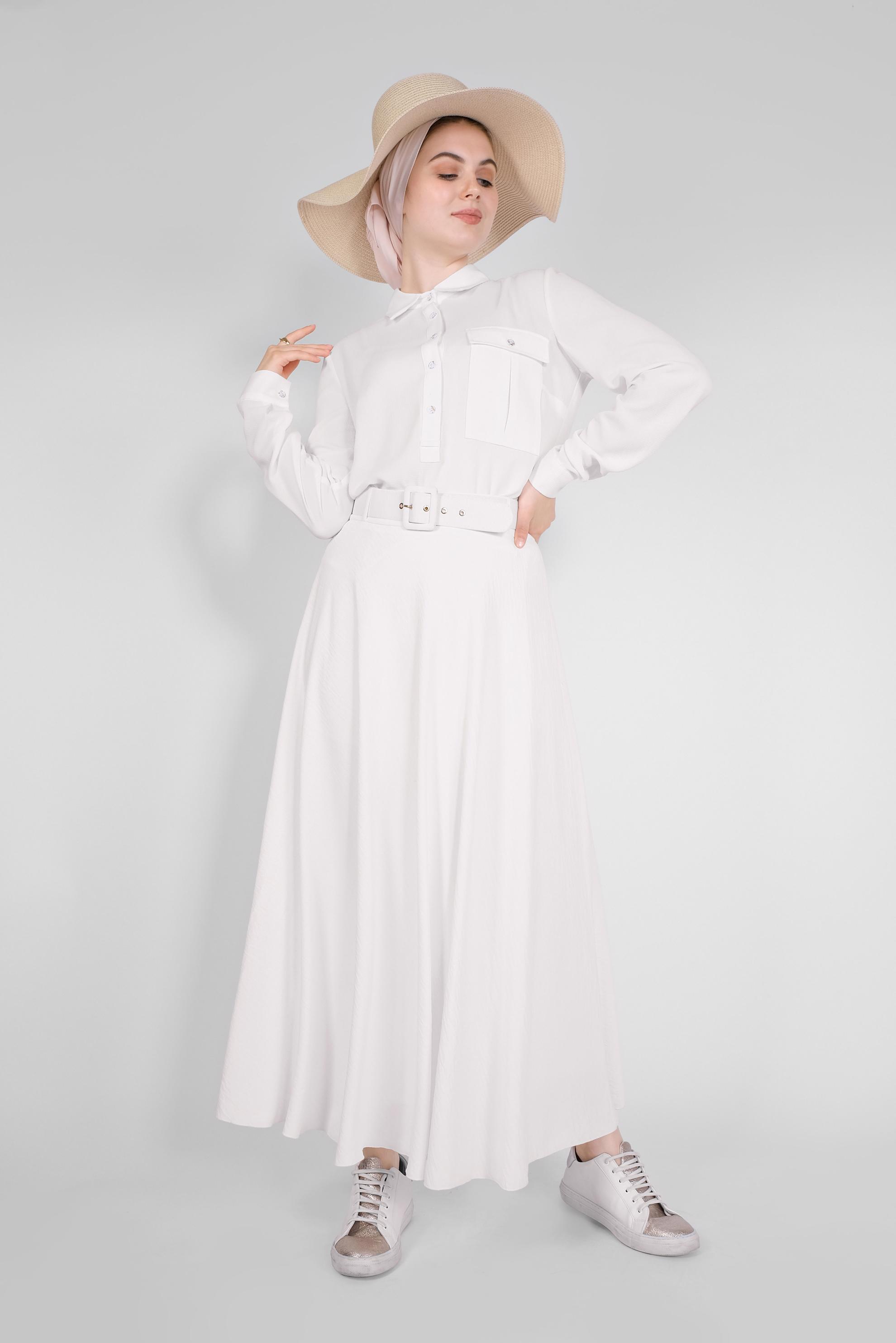 Tesettür giyim BEYAZ CEPLİ DÜĞMELİ TUNİK 41559 