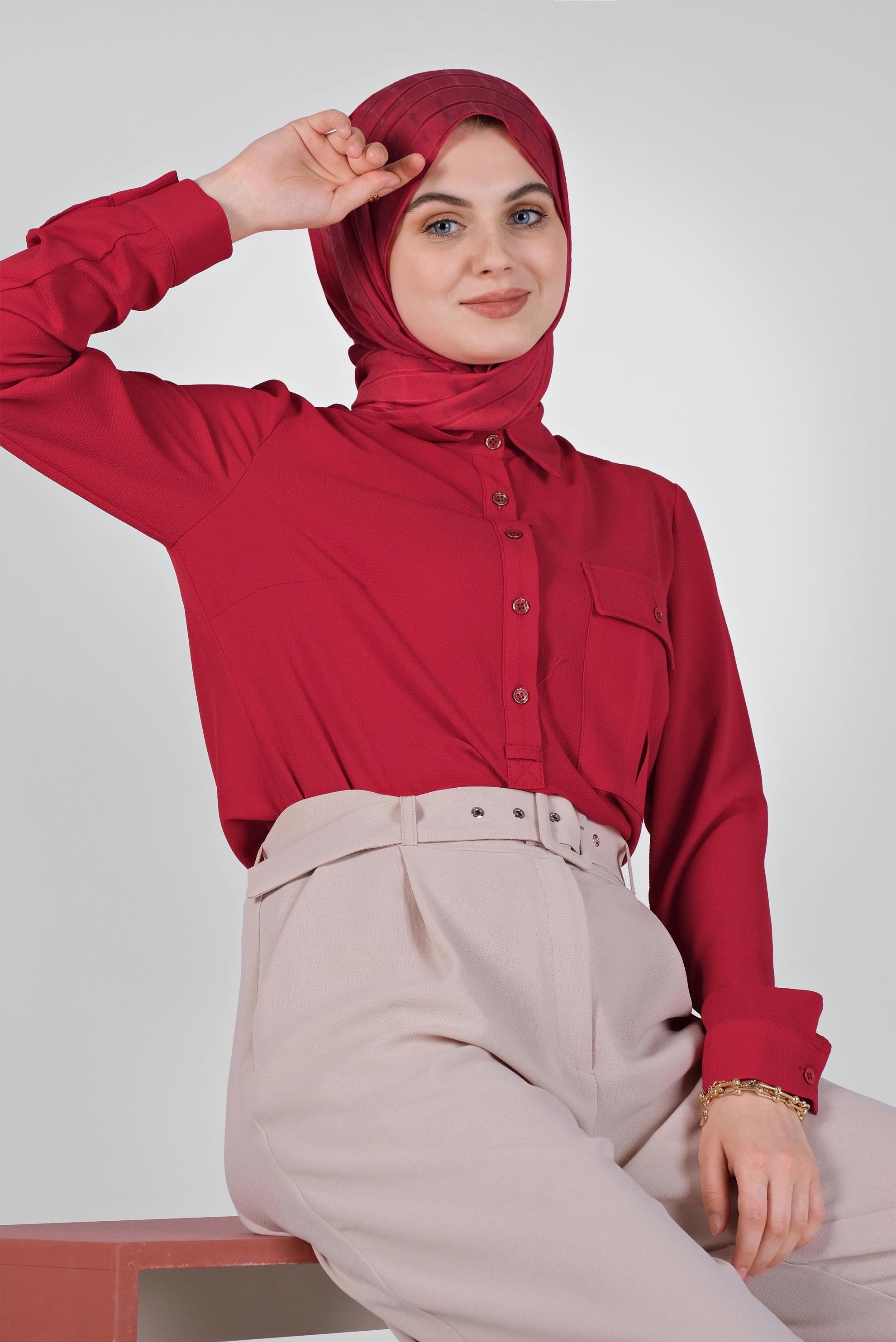Tesettür giyim KIRMIZI CEPLİ DÜĞMELİ TUNİK 41559 