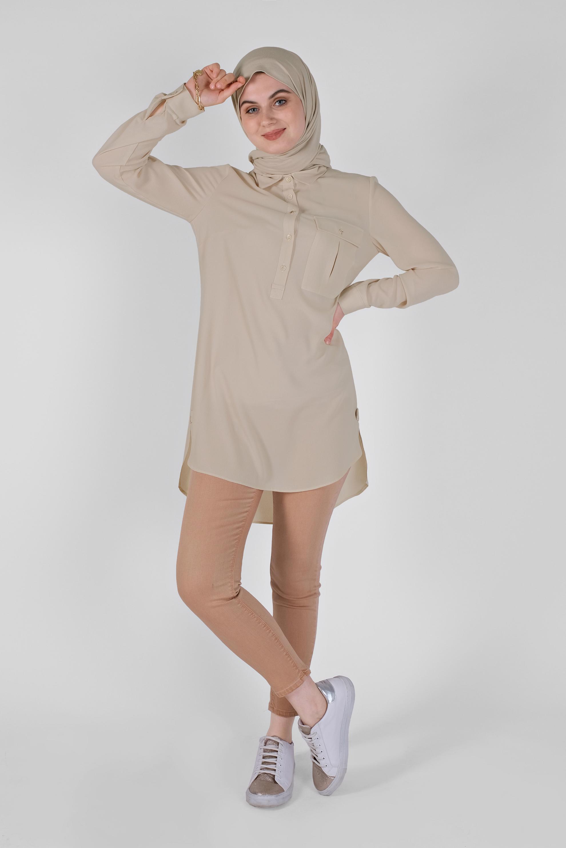 Tesettür giyim BEJ CEPLİ DÜĞMELİ TUNİK 41559 
