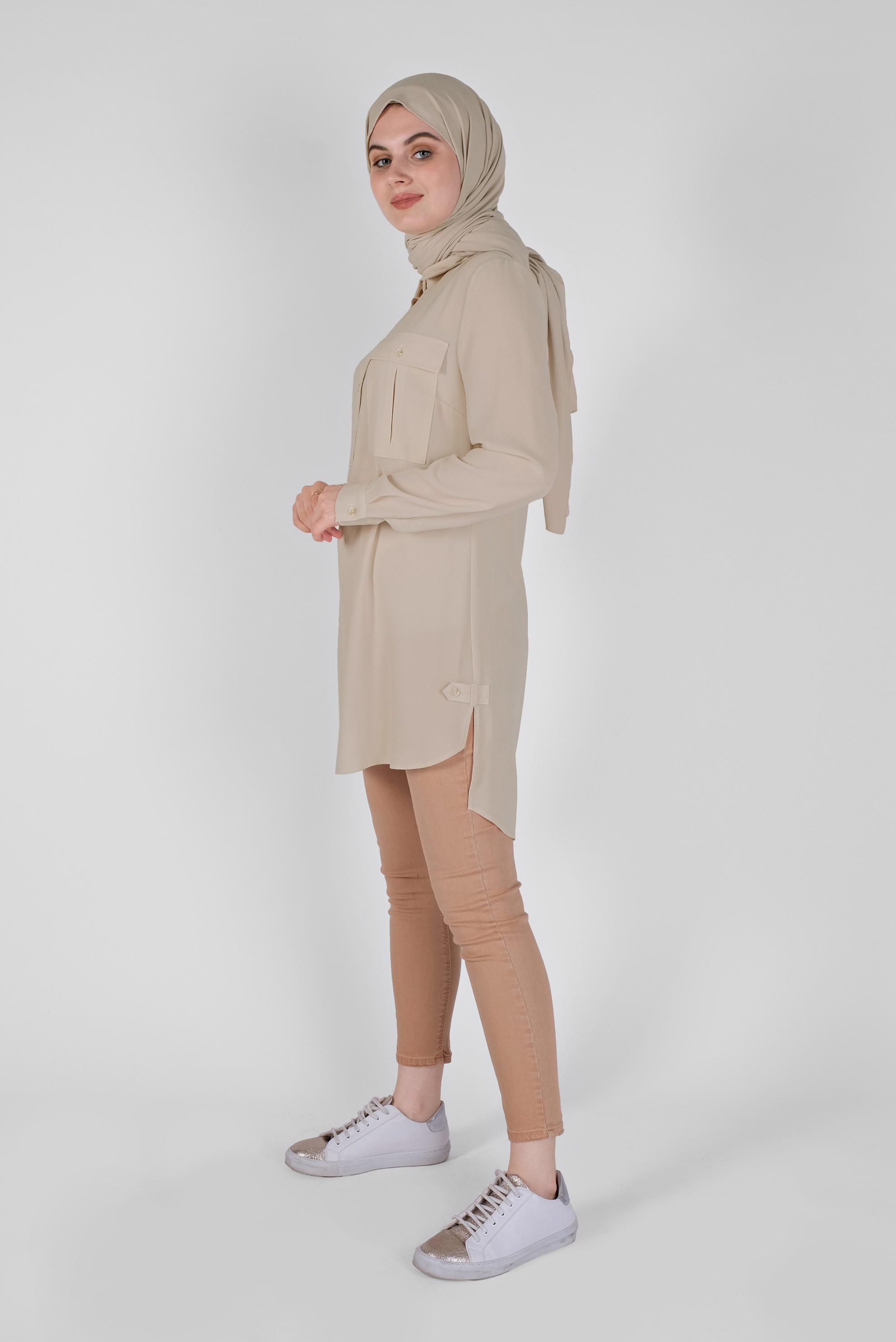 Tesettür giyim BEJ CEPLİ DÜĞMELİ TUNİK 41559 